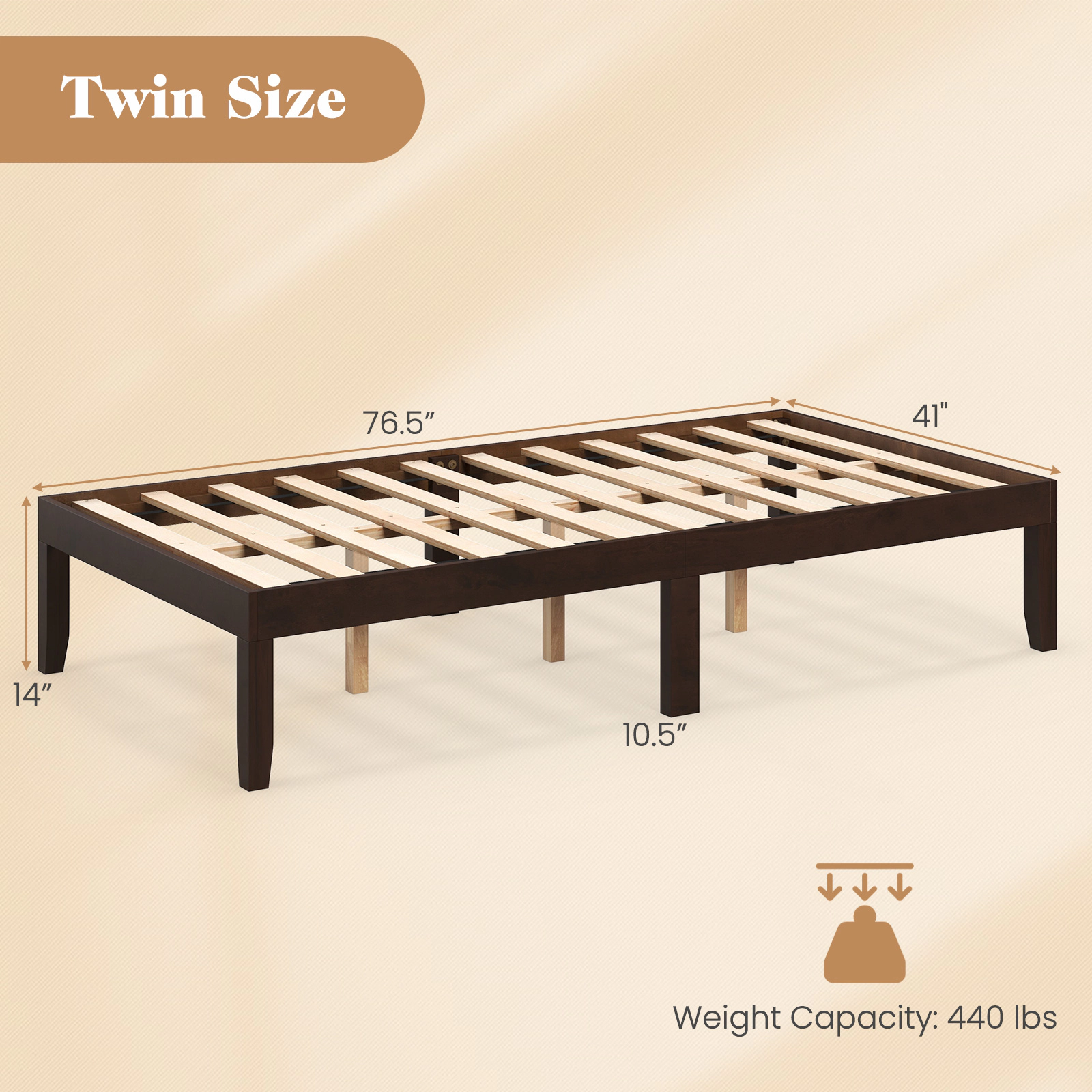SUGIFT 14-in Twin Wood Platform Bed Frame Slats Support 400-lb Capacity 10.5-in Under-bed Storage Espresso/Natural