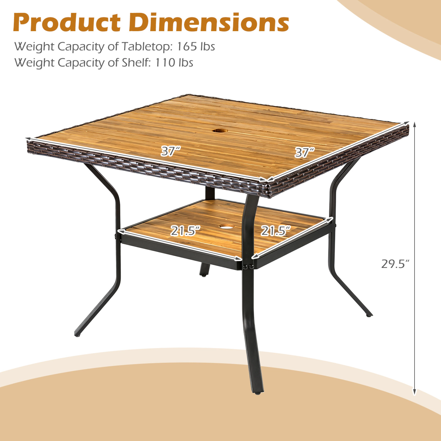 LJG 37" Square Outdoor Dining Table for 4 with Acacia Wood Tabletop and 2" Umbrella Hole