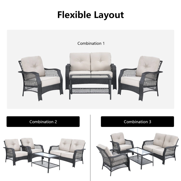 Hivvago 4 Pieces Patio Wicker Furniture Set Loveseat Sofa Coffee Table With Cushion-Beige