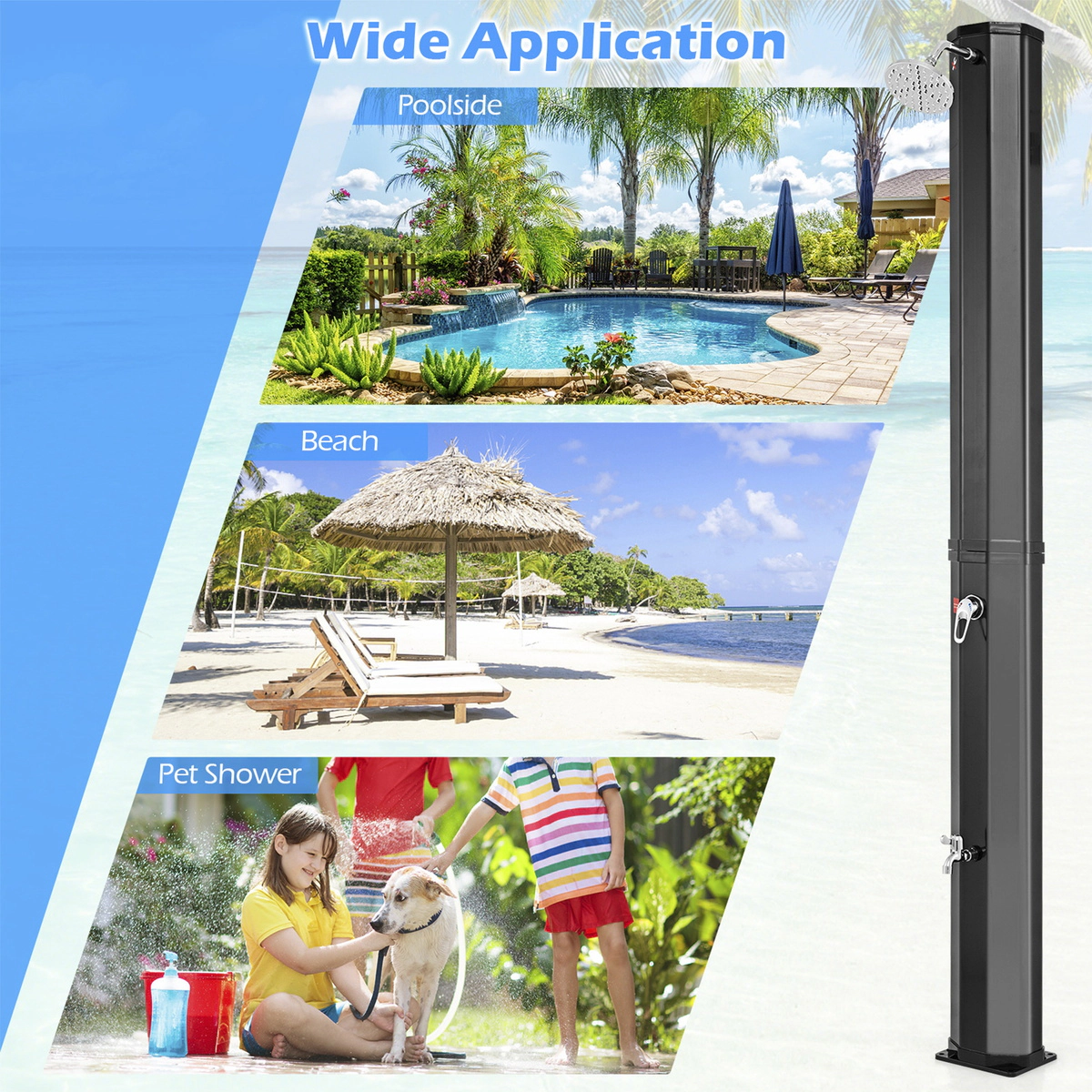 SUGIFT 7.5-ft Solar Heated Outdoor Shower PVC Column 15.9-Gallon Tank 3.5-Bar Pressure 360° Swivel Head 140 F Black