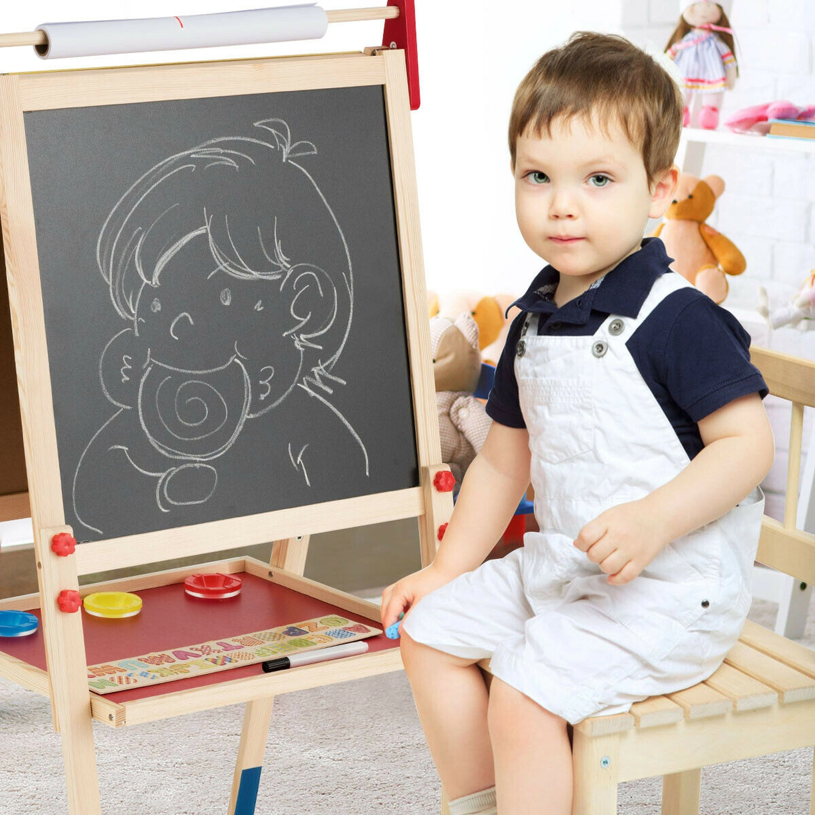 All-in-One Wooden Kids Art Easel 26 Magnetic Letter Stickers Double-Sided Whiteboard Chalkboard 3 Heights to 49 in