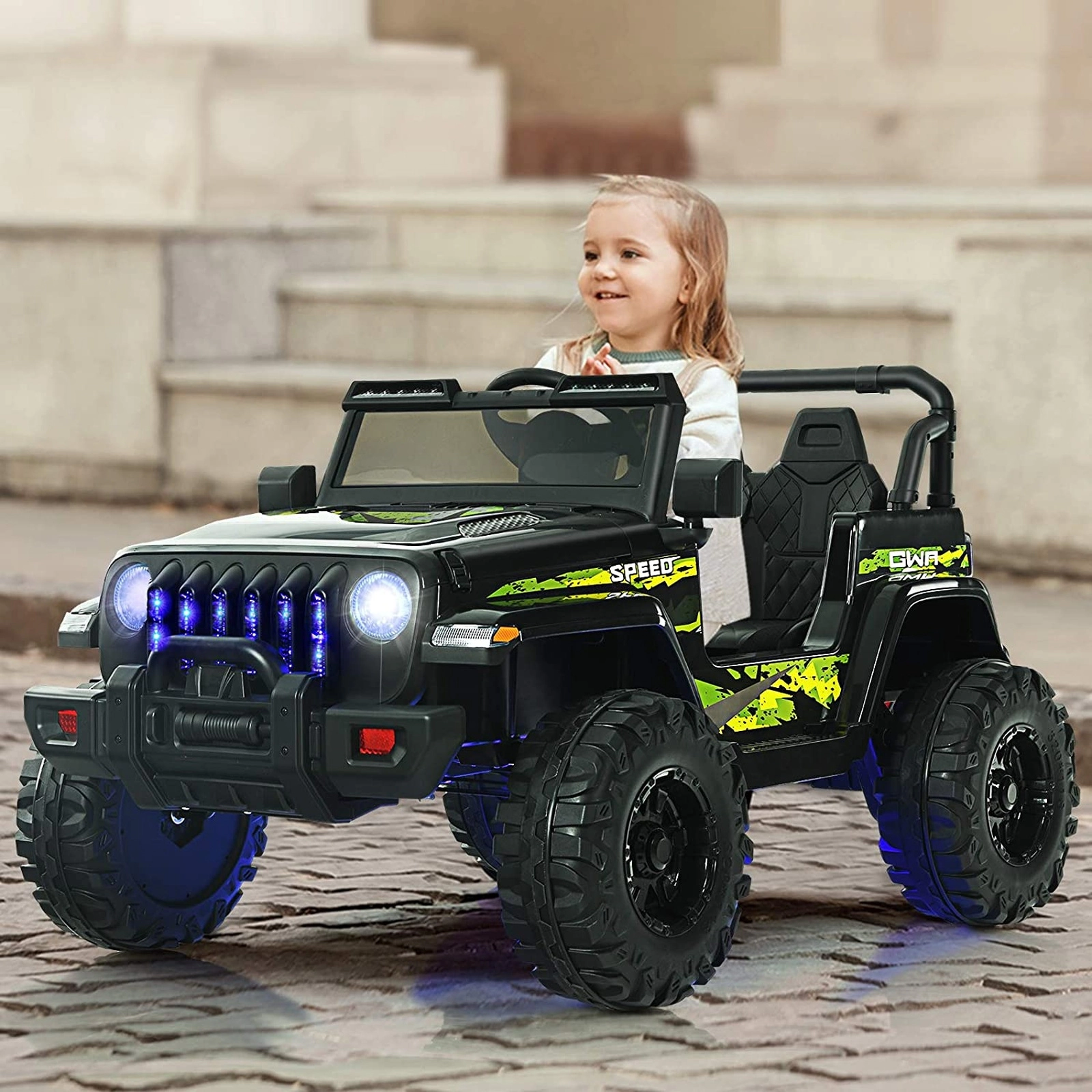 12V Kids Ride on SUV Car Black Green 2.4G Remote Spring Suspension Ages 3+ 77-lb Capacity