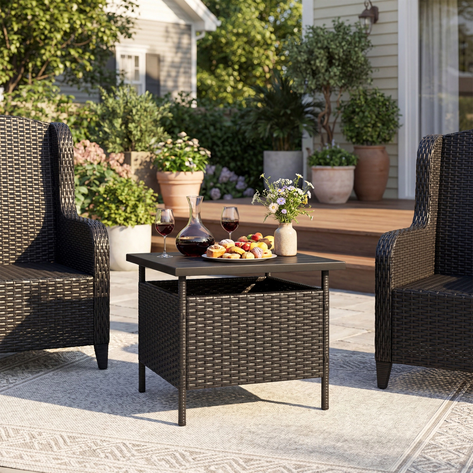 SUGIFT 22 Square Patio Side Table Wicker with 2 Umbrella Hole and Storage