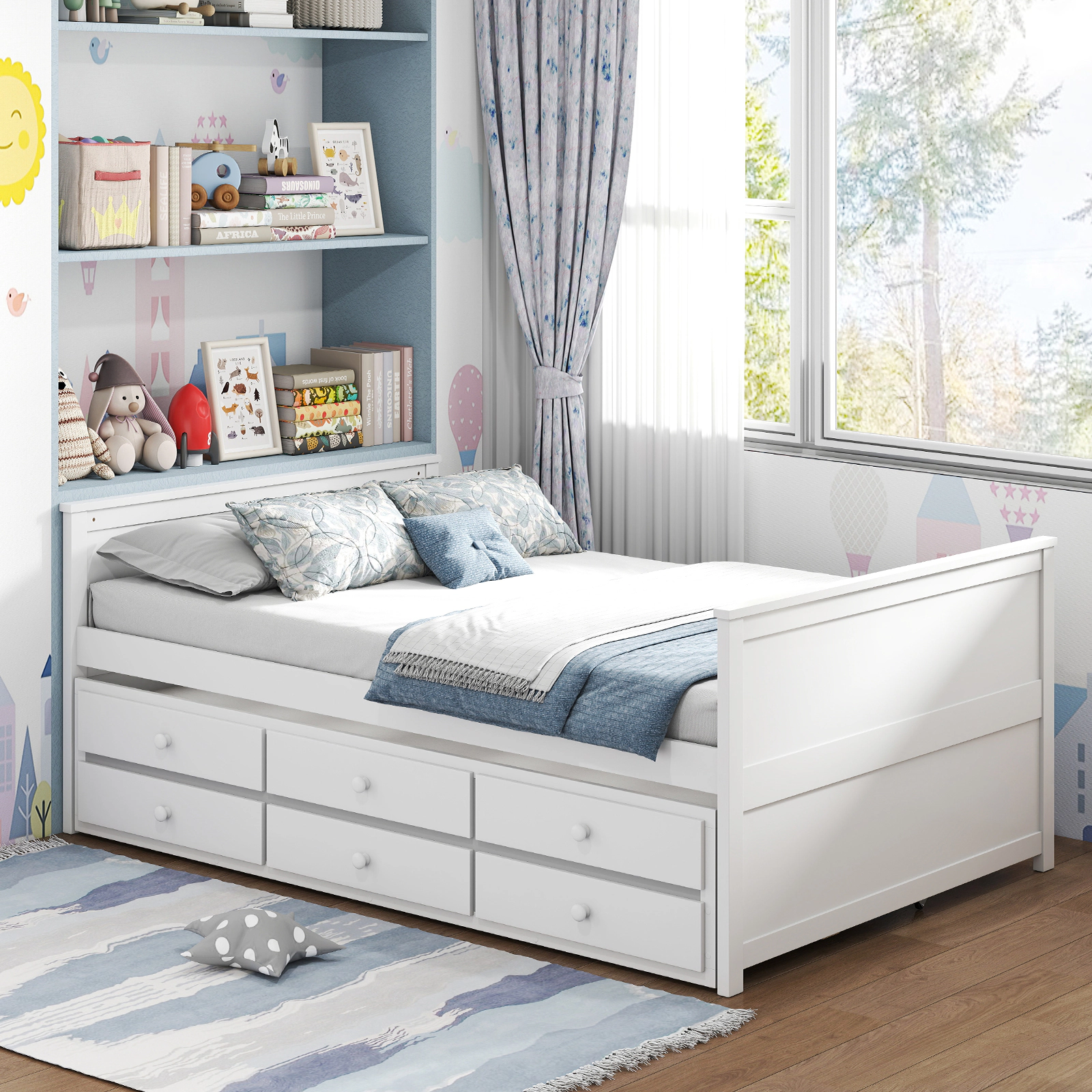 SUGIFT White Twin Trundle and 3 Storage Drawers Full Size Teens Bed Frame