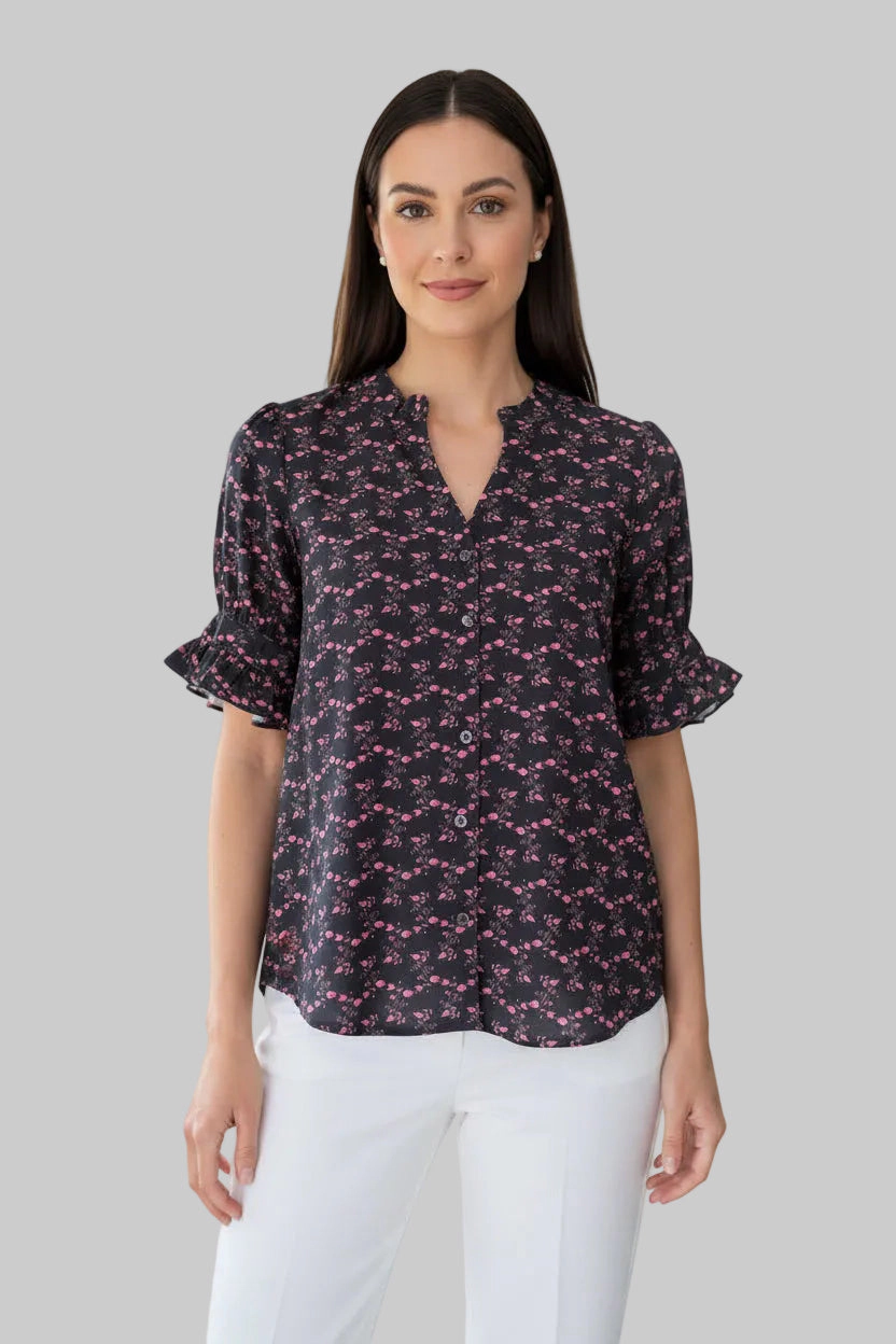 DressAtR Women's Black V Neck Puff Bell Cuff Sleeve Blouse