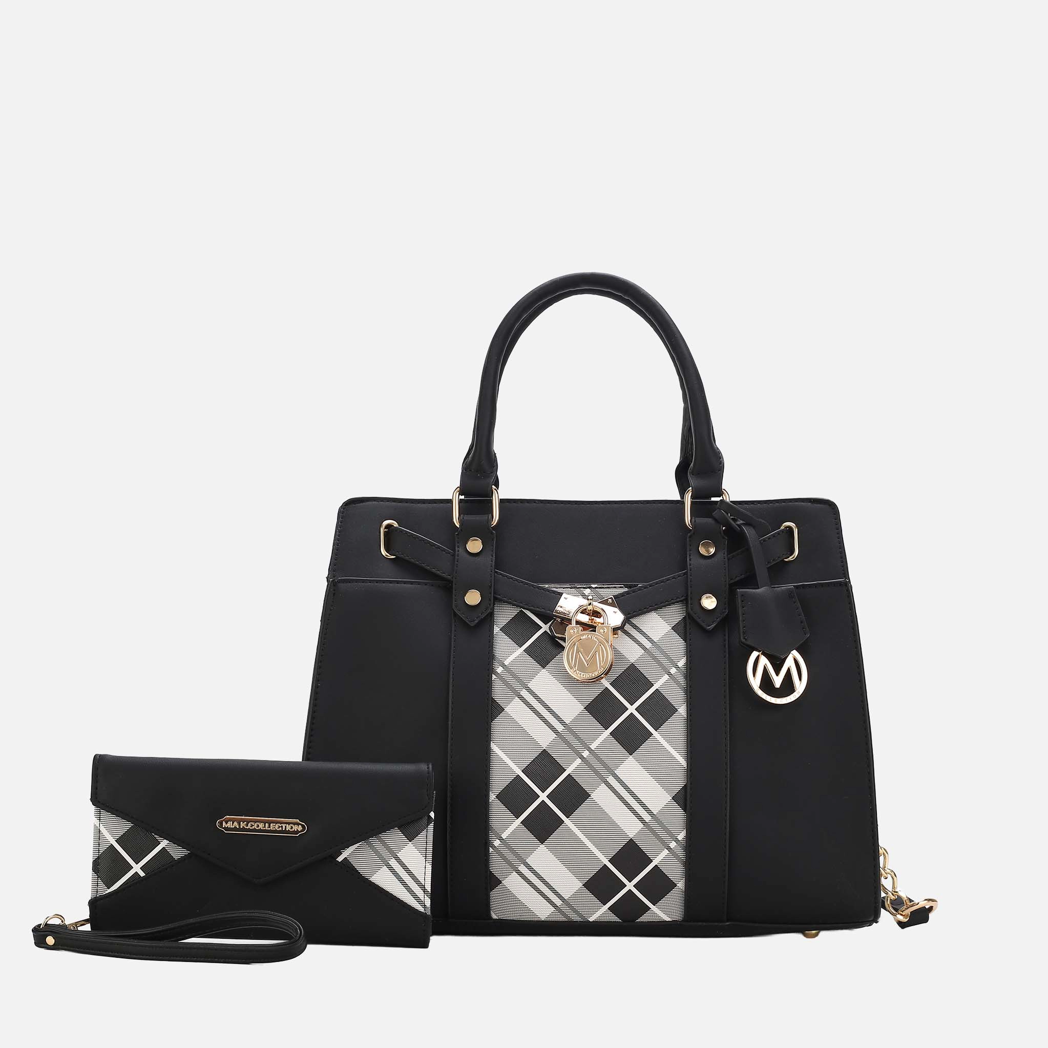 MKF Collection Christine Plaid Vegan Leather Satchel with Wristlet Wallet - Black