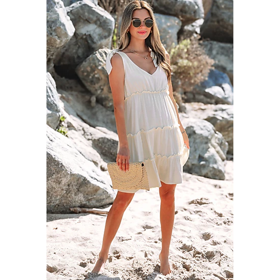 Threaded Pear Women's Kenia Solid Color Tied Straps Ruffle Tiered Mini Dress