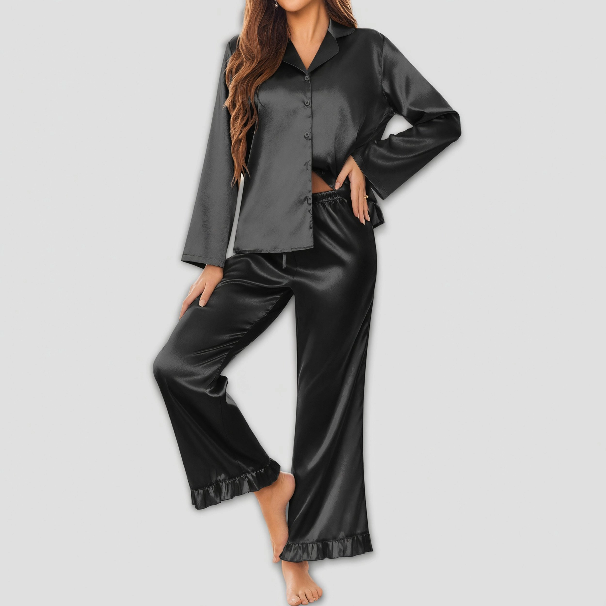 Ekouaer Silk Satin Pajamas Set Womens Long Sleepwear Button Down Two Piece Classic
