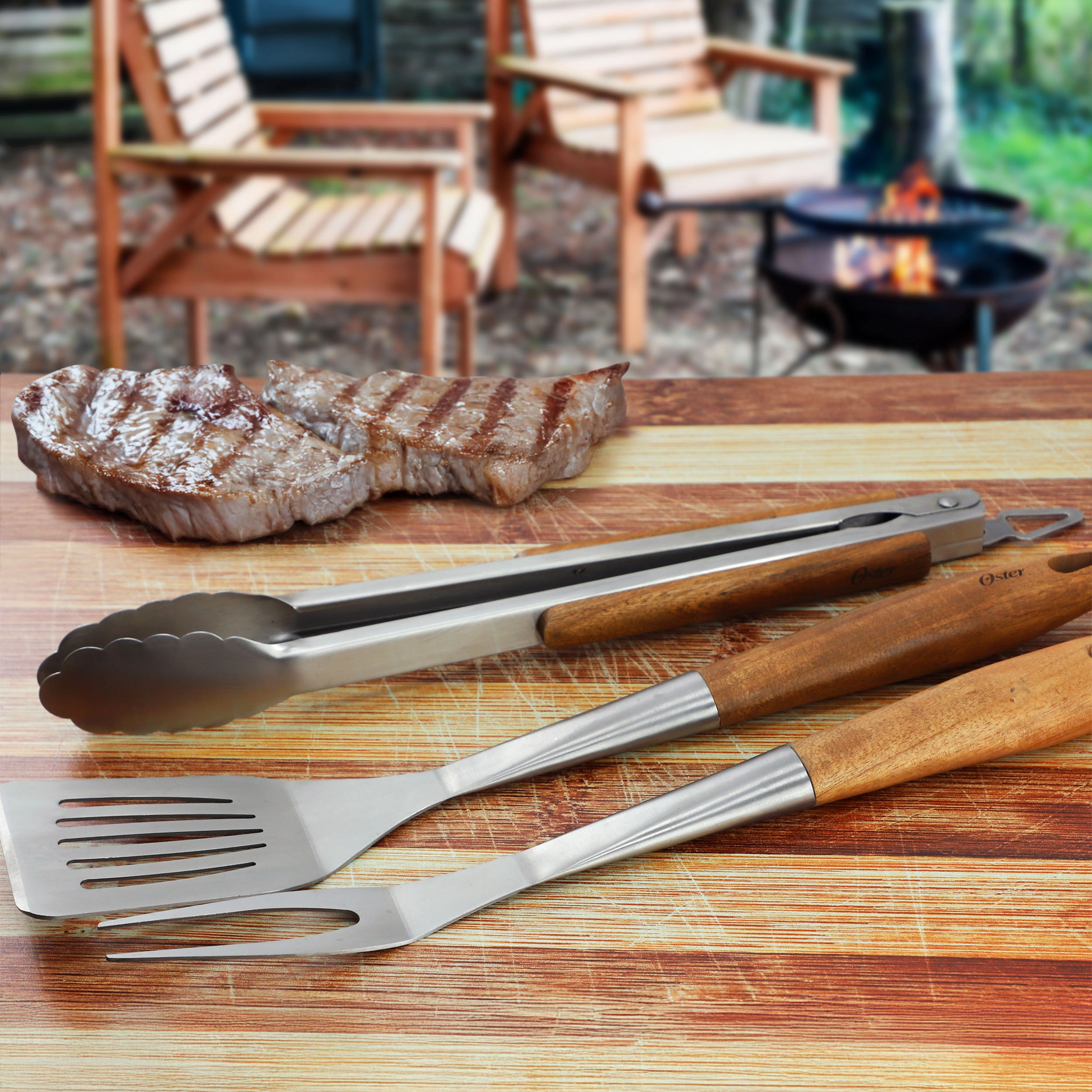 Oster Balincourt 3 Piece Stainless Steel and Wood BBQ Tool Set in Brown