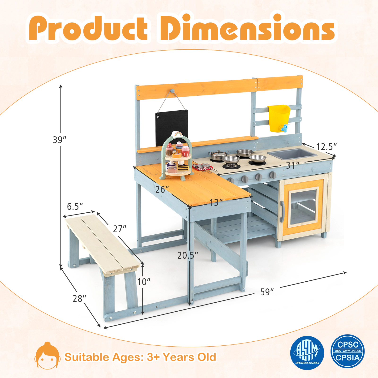 LJG Fir Wood Play Kitchen with Kids Picnic Table and Built-in Bench