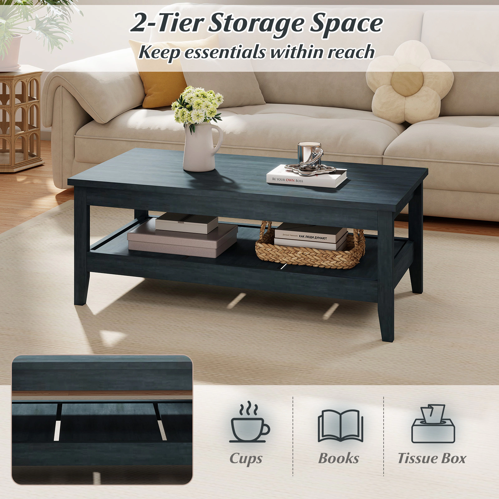 Glintex Farmhouse 47-Inch Coffee Table with Thickened Top and Lower Shelf