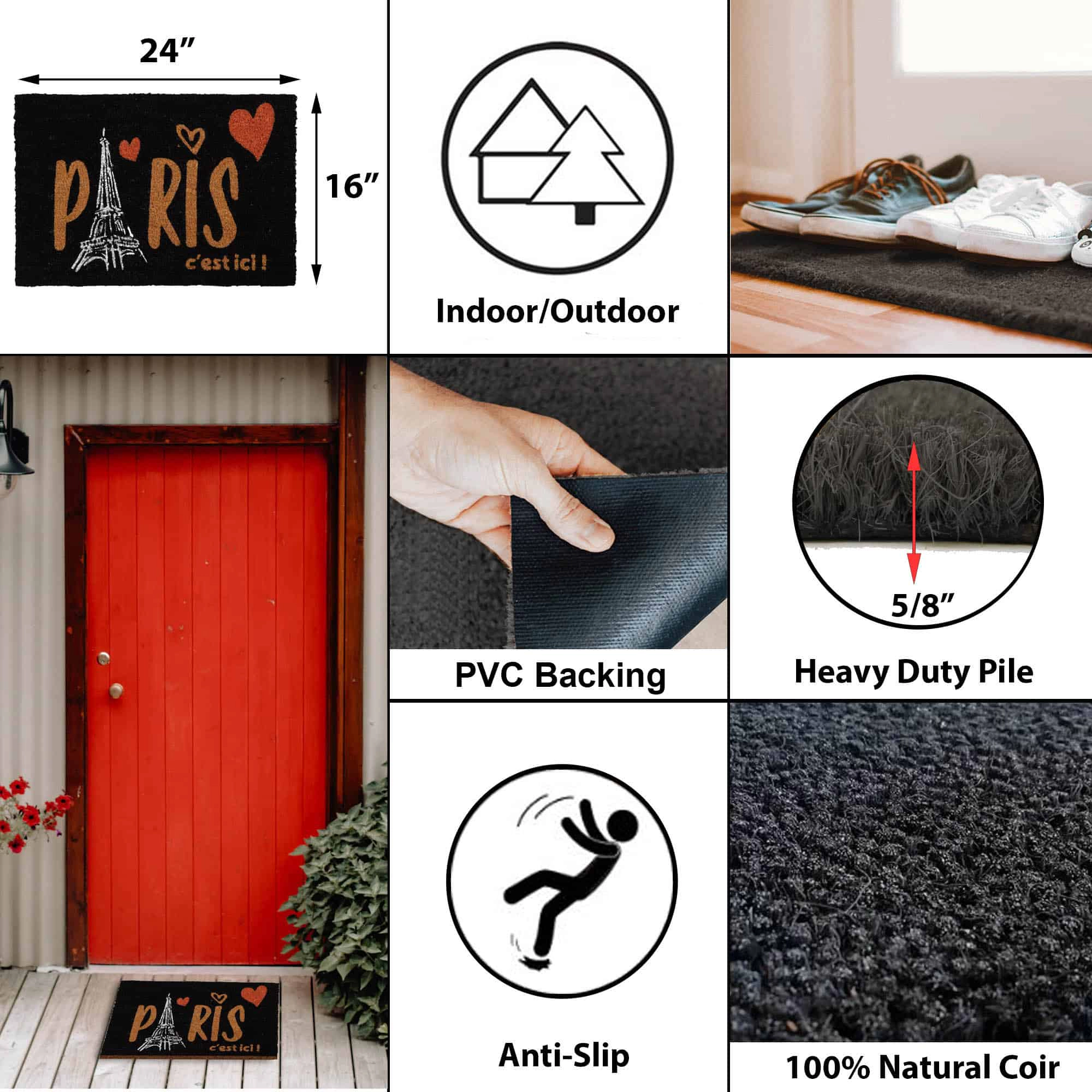 Evideco French Home Goods Black Paris C est Ici Coir Doormat 24 x 16 Inches