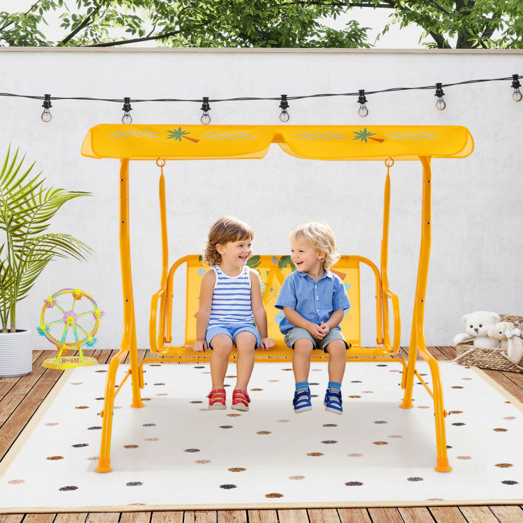 SUGIFT 2-Seater Kids Patio Swing with Metal Stand and Adjustable Canopy 180-lb Capacity Ages 3+ Yellow
