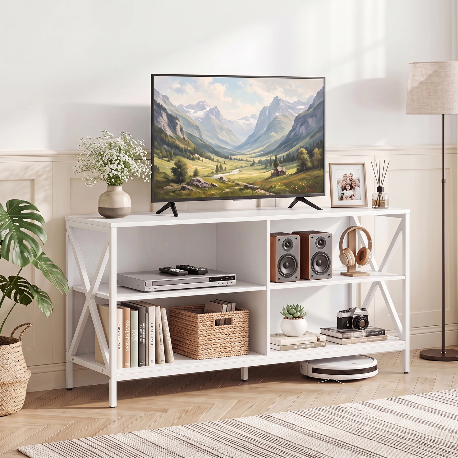 SUGIFT White TV Stand for TVs up to 55 in Wooden Entertainment Center with X-Shaped Frame