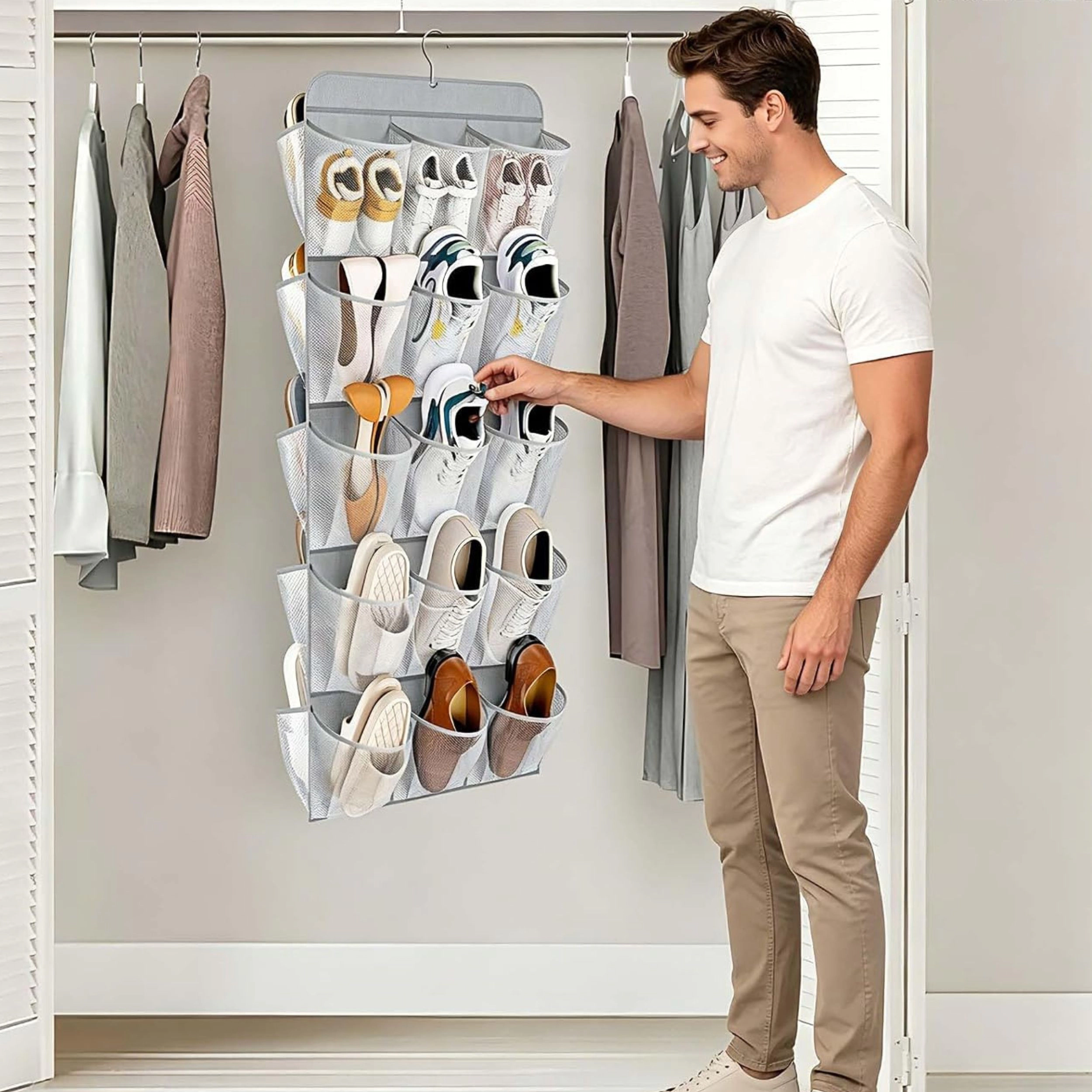 Stock Preferred 30 Pocket Dual Sided Hanging Shoe Organizer with Rotating Hanger