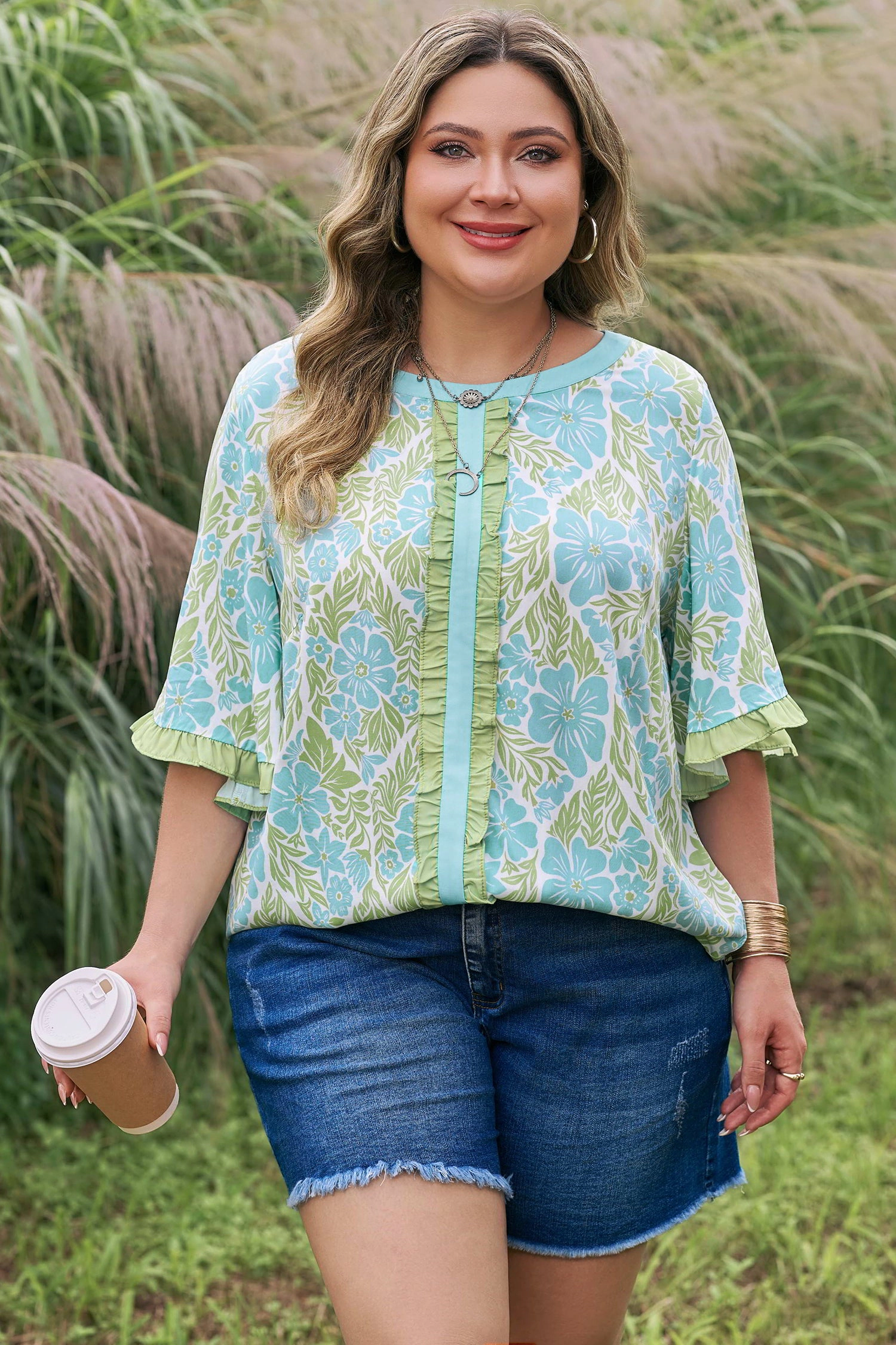 Threaded Pear Elina Trim Short Sleeve PLUS Blouse