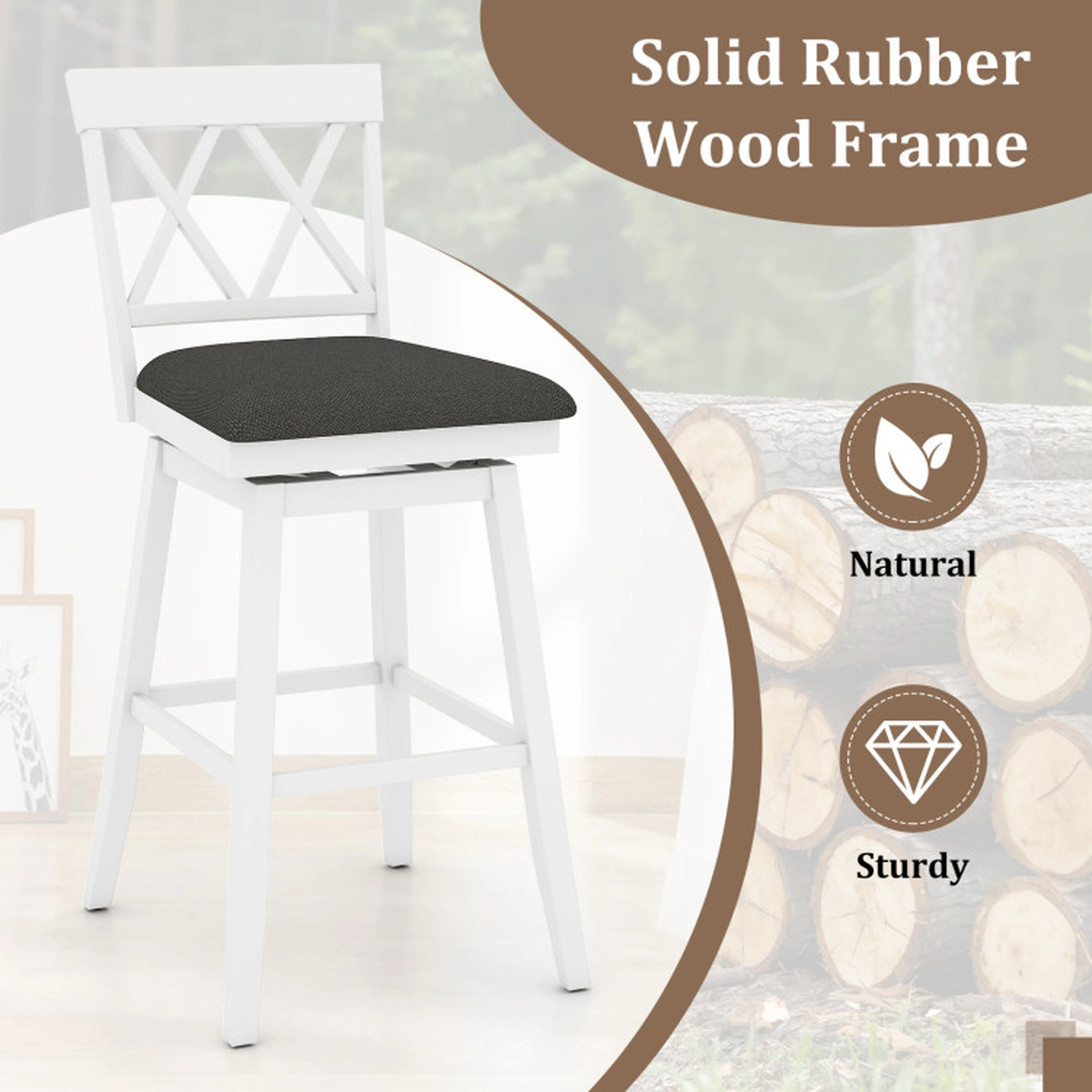 SUGIFT 360° Swivel Counter Height Bar Stool Set of 4 with Curved Backrest 330-lb Capacity 29-in Seat Oak/White
