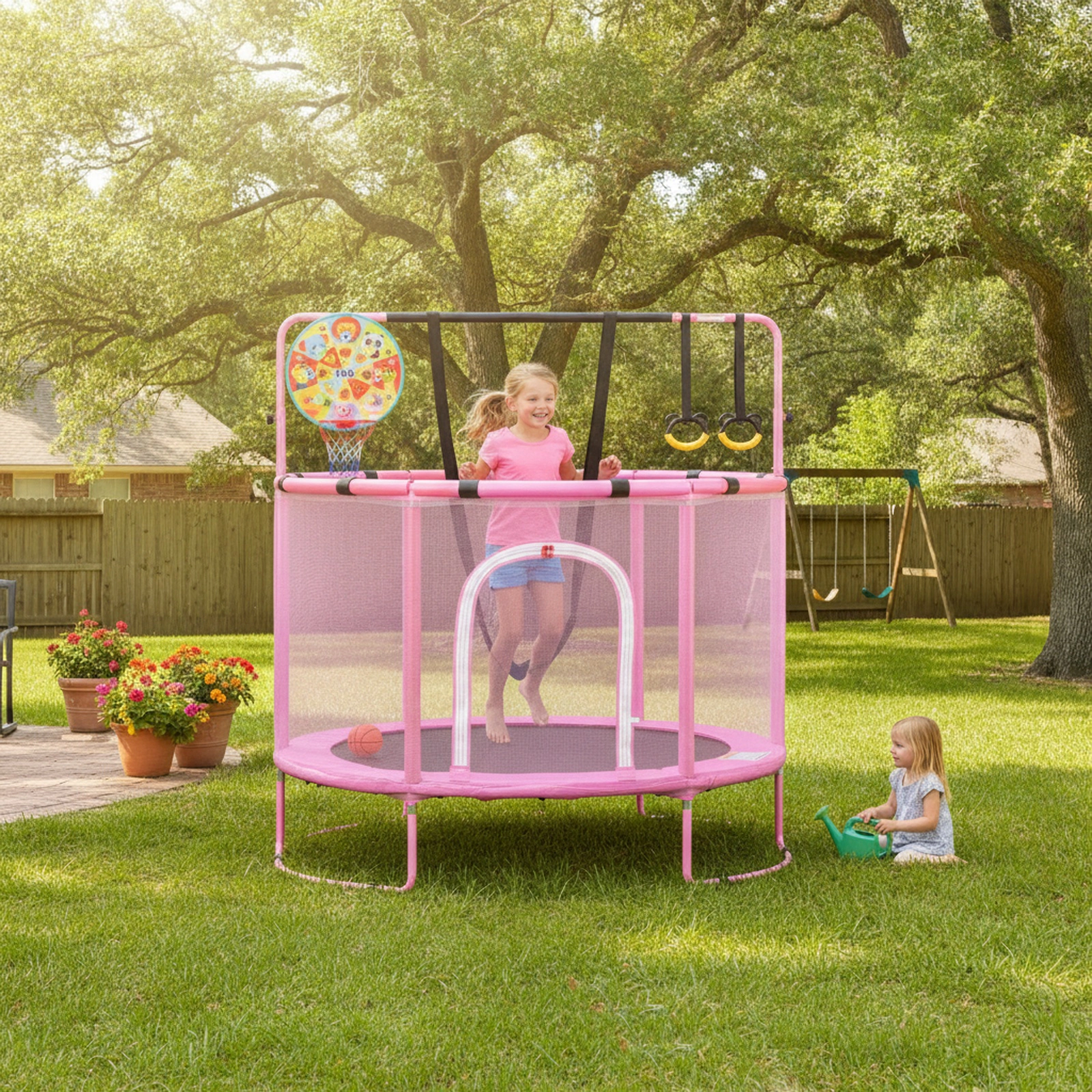55-in Trampoline Adjustable Gymnastics Bar Kids Basketball Hoop Swing Purple Toddler Trampoline Indoor Outdoor Ages 3+