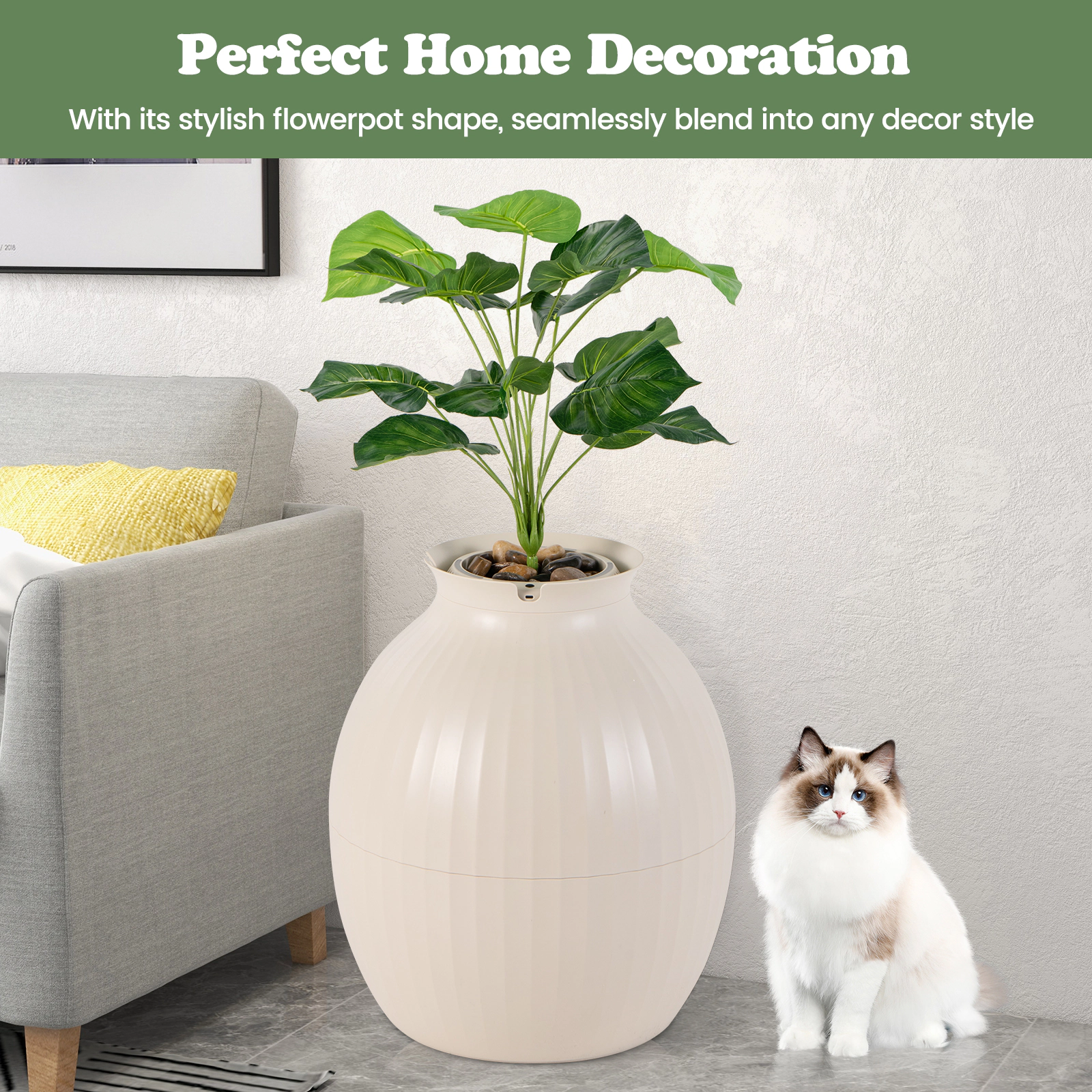 SUGIFT Beige Planter Cat Litter Box Enclosure with Ion Odor Removal 20-in Dia 23-in H 28-lb Cat Capacity