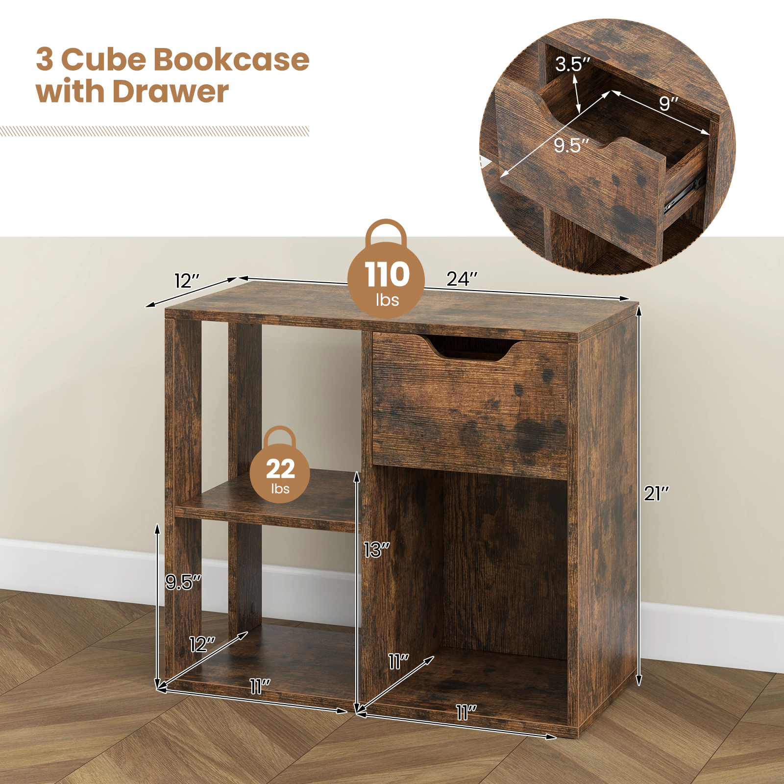 SUGIFT 3-Cube Bookcase 2-Tier Storage Shelf with Pull-Out Drawer