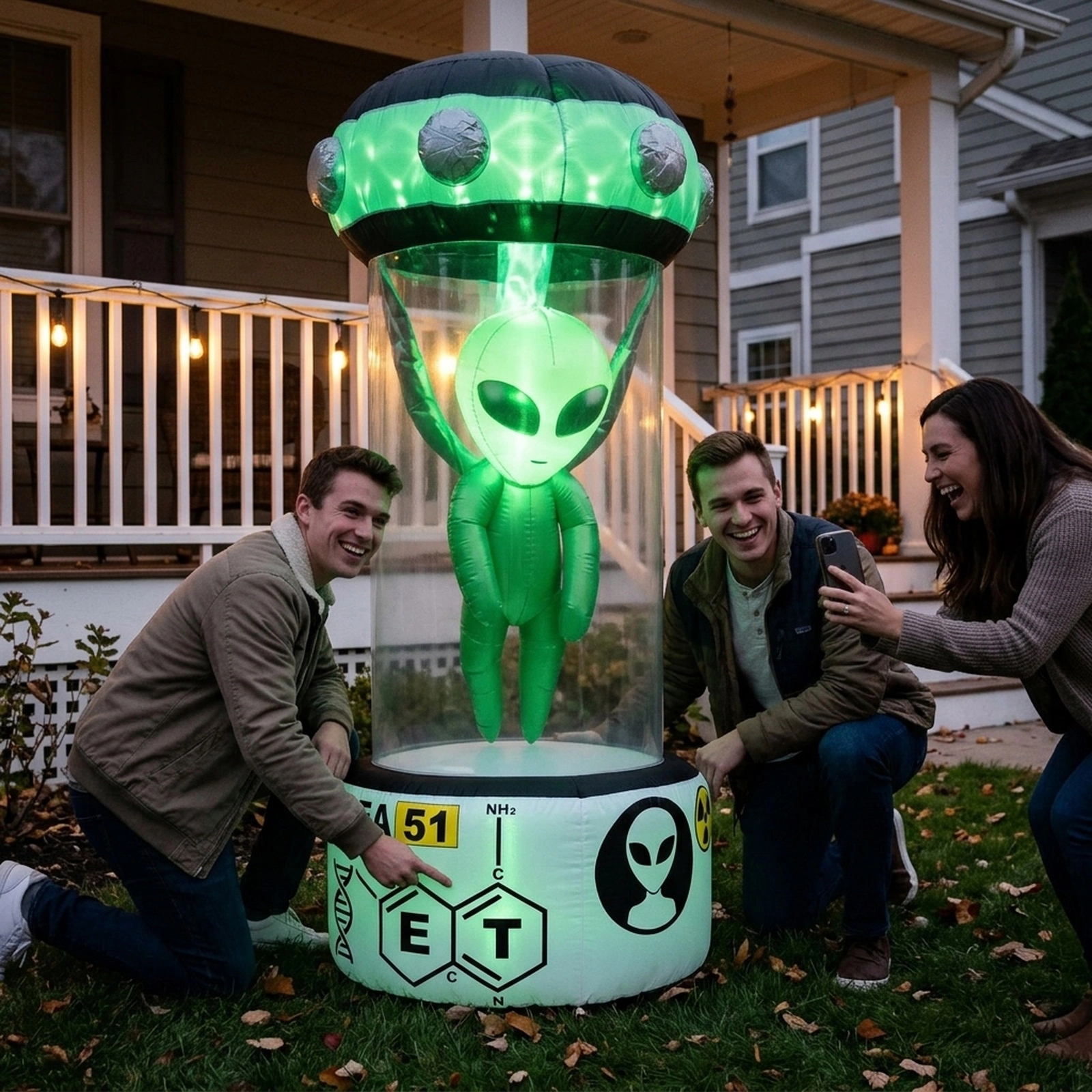 SUGIFT 7.4-ft Halloween Inflatable Alien with Rotating Flashing Green Lights White + Green