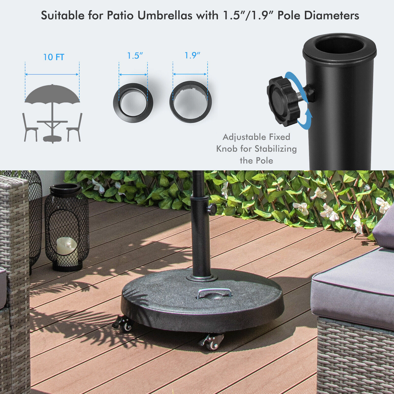 Slickblue Rolling Outdoor Umbrella Stand Base 51 lb Resin Metal 4 Lock Wheels Patio Deck