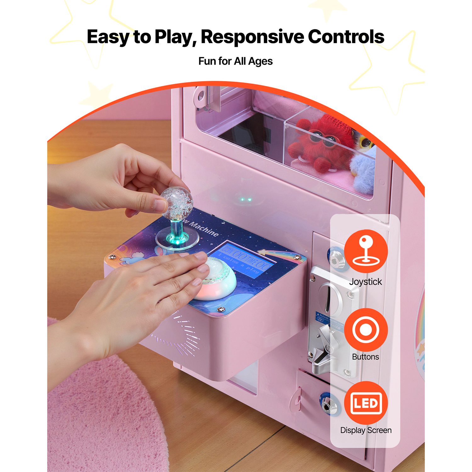 HONGGE Pink Claw Crane Machine with Light & Sound, Adjustable Steel Claw Arcade Game for Home Parties & Cinemas