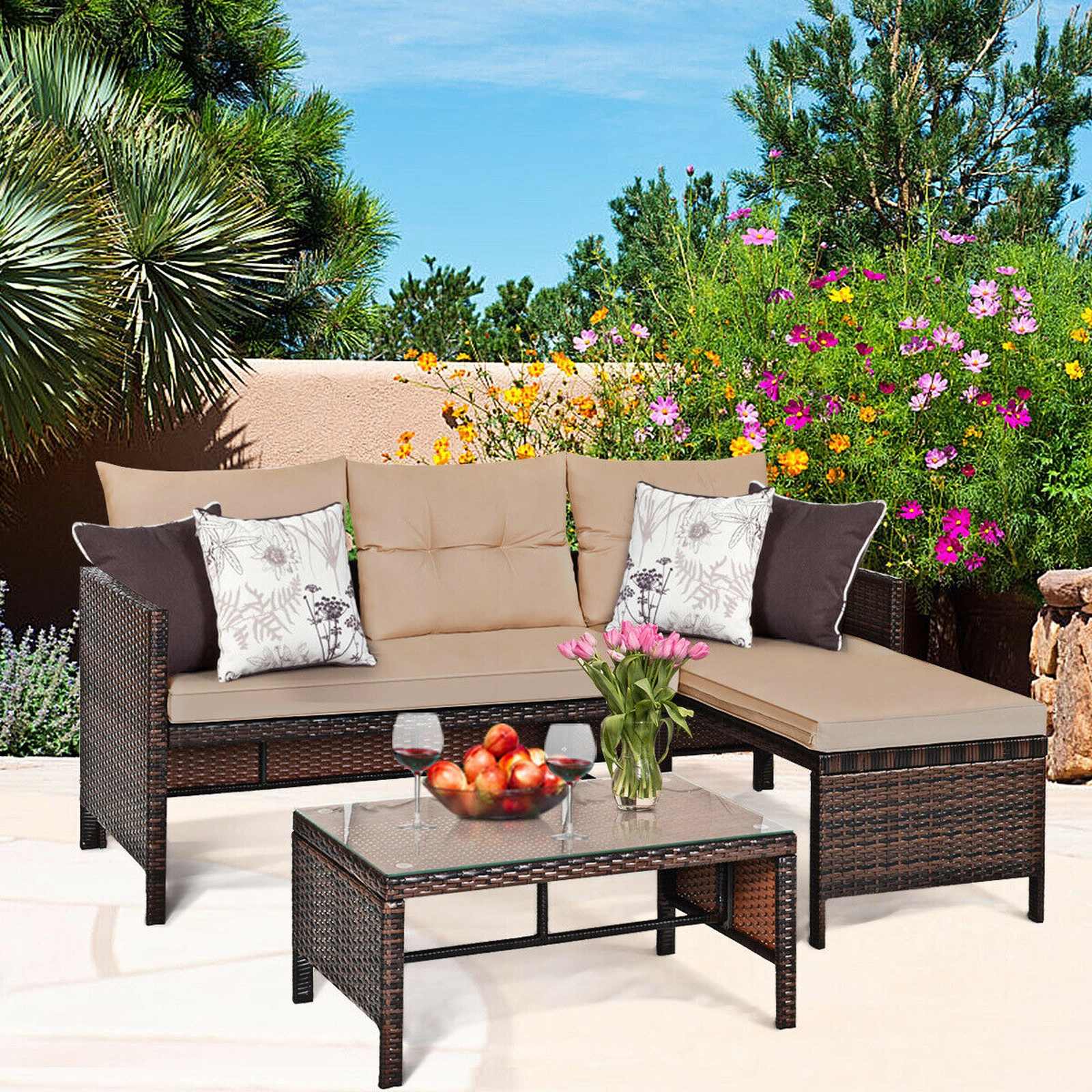 SUGIFT L-Shape Corner Lounge 3-Piece Patio Wicker Sectional Sofa Set