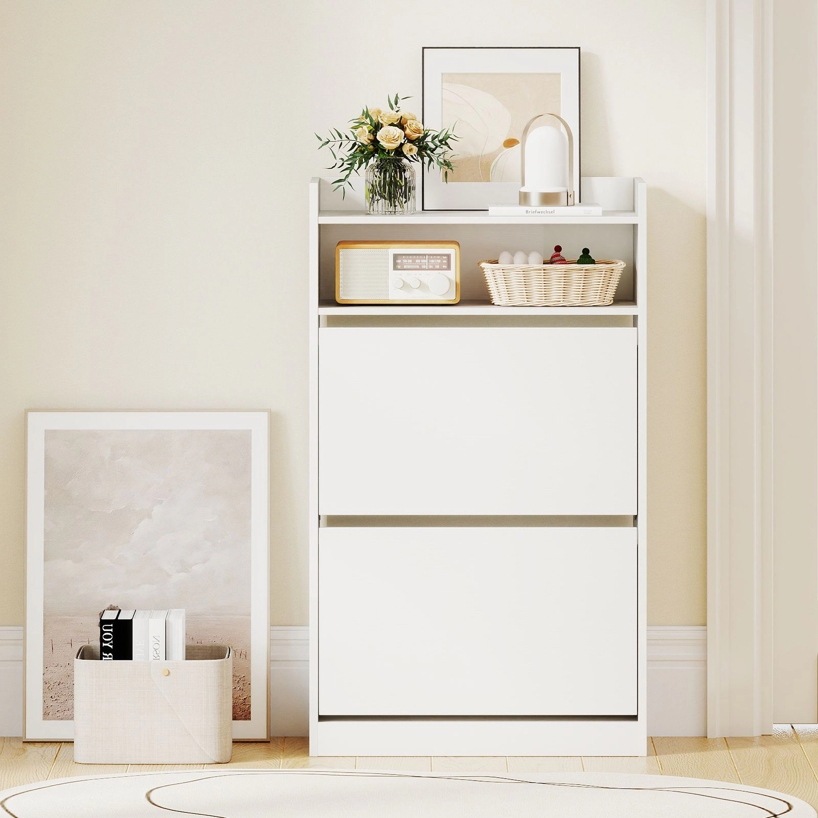 SlickBlue Entryway Shoe Organizer with 2 Flip Drawers and Open Shelf