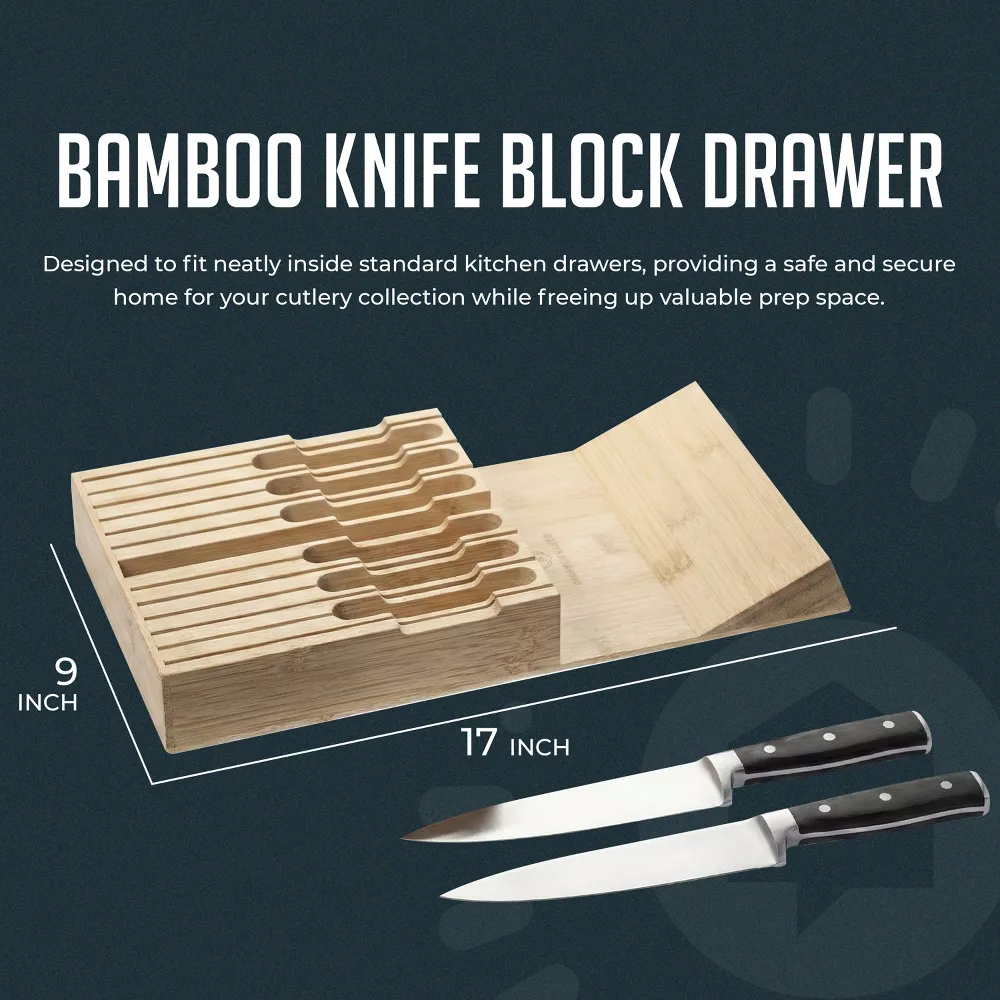 Luminuxe Bamboo Knife Block Drawer Organizer, Durable Nonslip In‑Drawer Wooden Knife Storage Holds up to 12 Knives