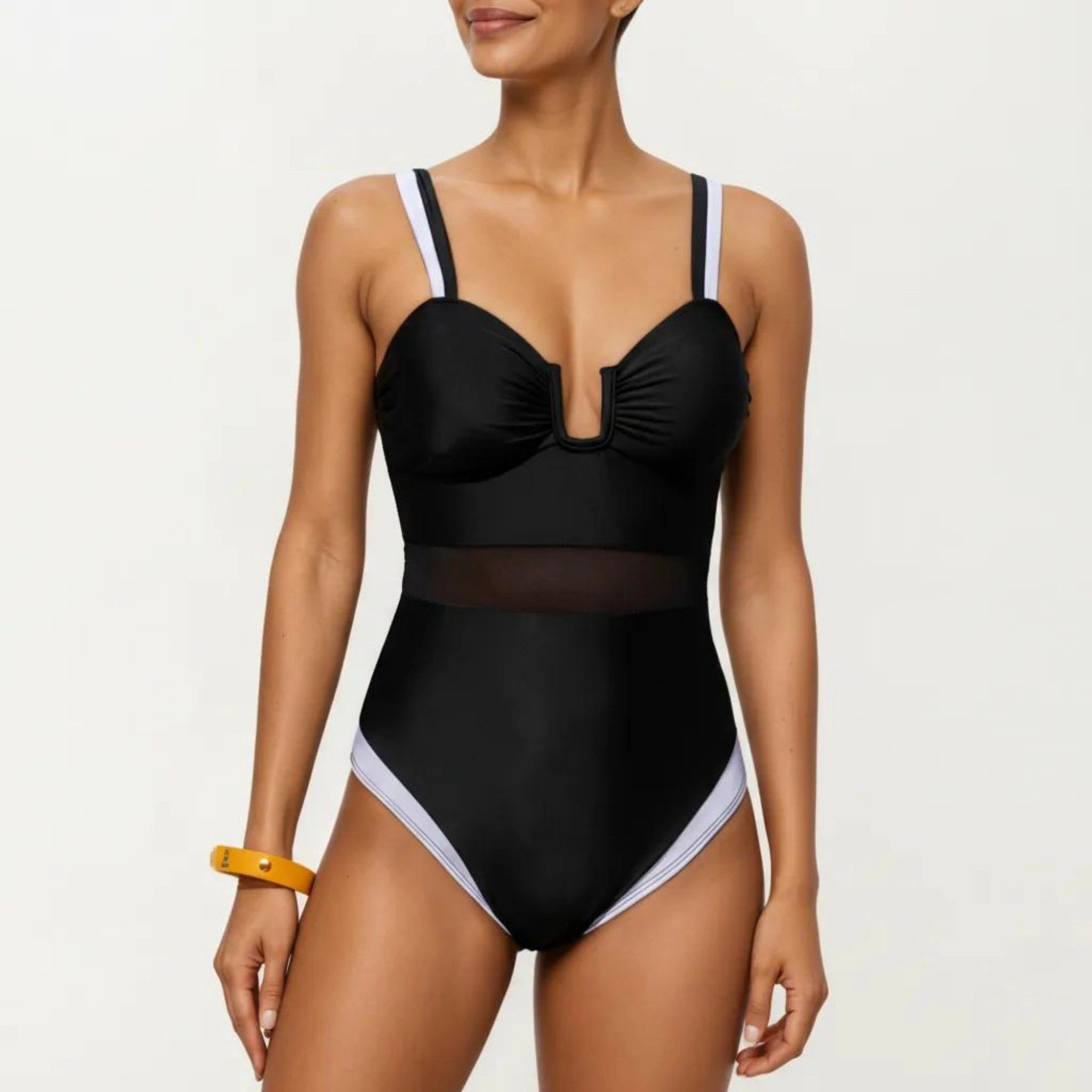 Anna-Kaci Women One Piece Swimsuit - U Neck, Sheer Waist Panel, Contrast Strap Detail
