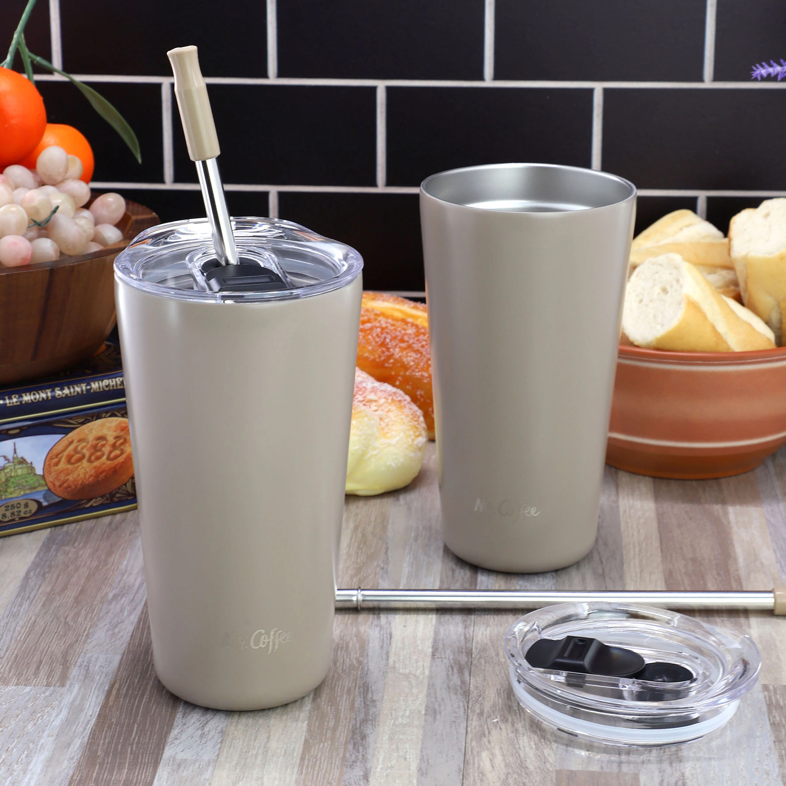 Mr. Coffee Java Quest 4-Piece Set 16 Ounce Double Wall Stainless Steel Tumbler in Beige with Stainless Steel Straw