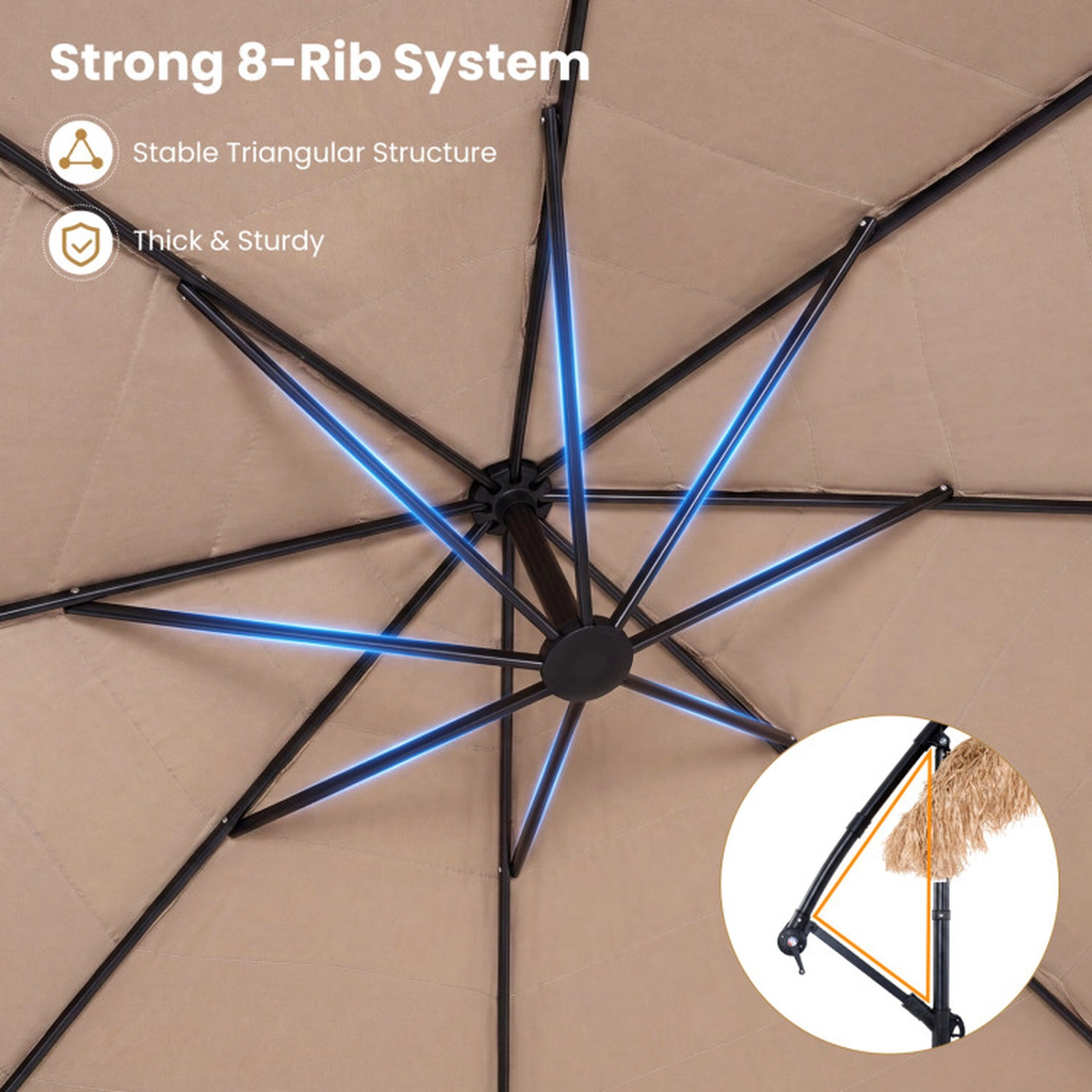 SUGIFT 10-ft Natural Thatched Cantilever Patio Umbrella, Solar Lights, Crank Lift and Infinite Tilt