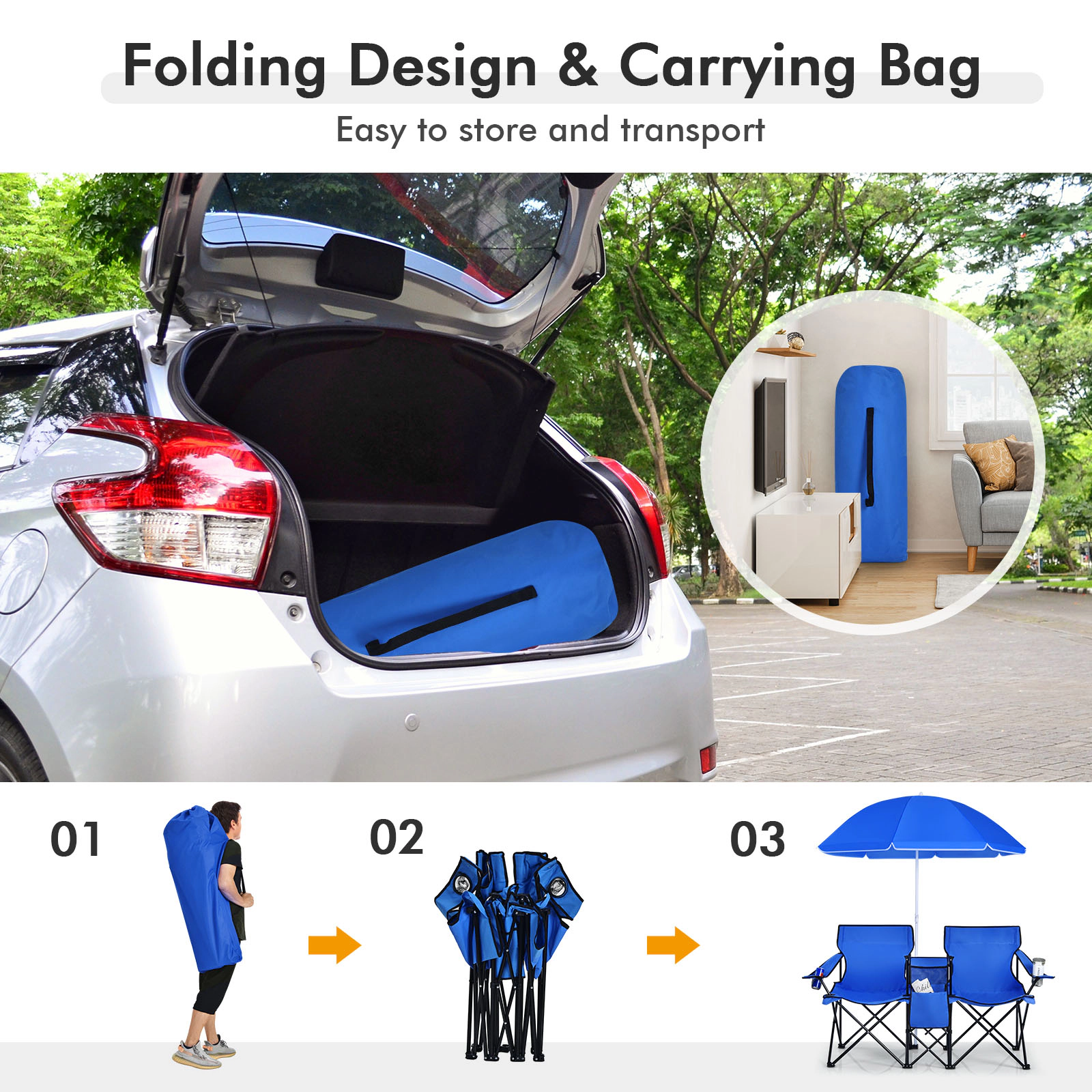SUGIFT Portable Folding Picnic Double Chair with Adjustable Umbrella 270-lb Capacity Blue