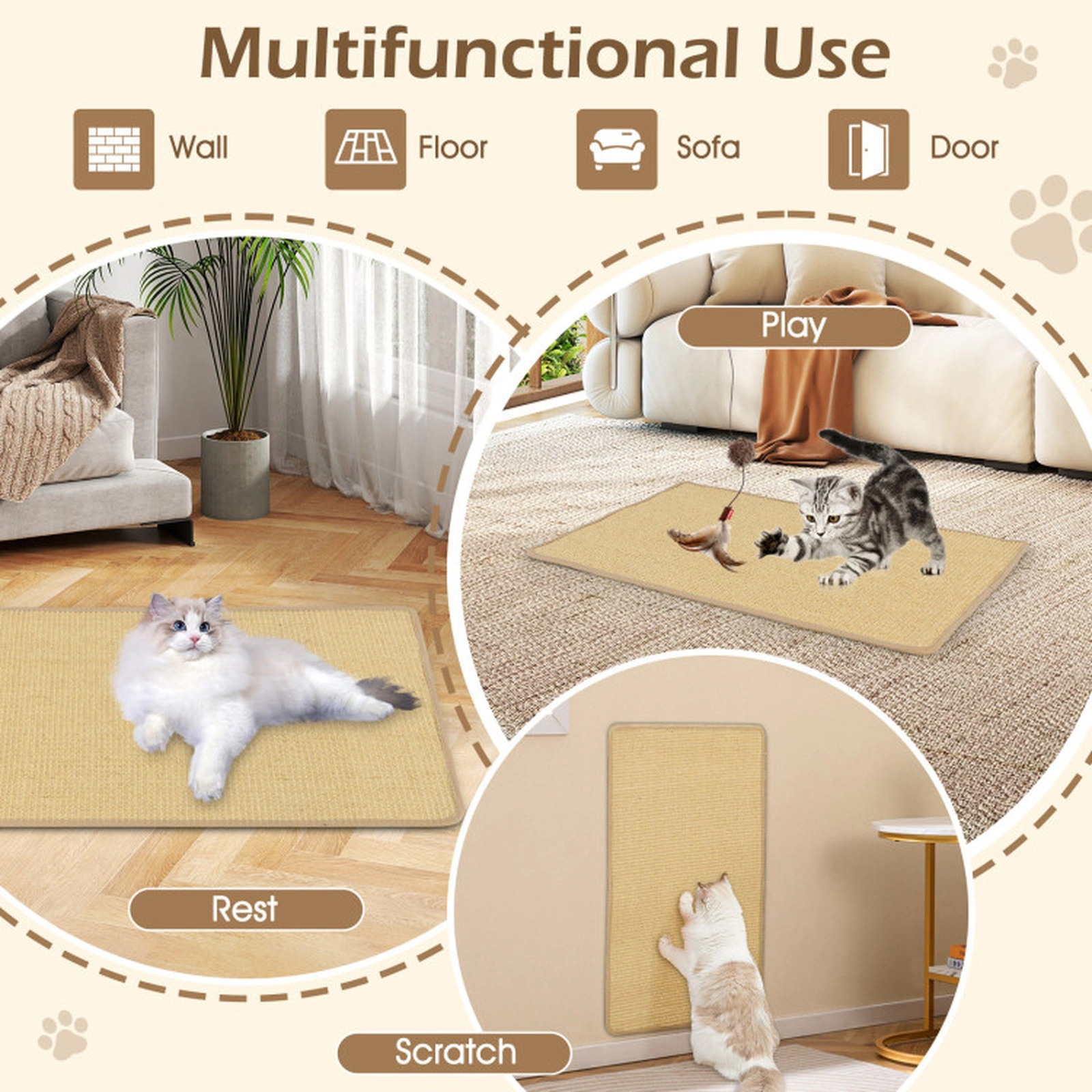 SUGIFT 2-Pack Natural 32 x 20-in Woven Sisal Cat Scratcher Mats and Scratching Boards for Floor and Wall