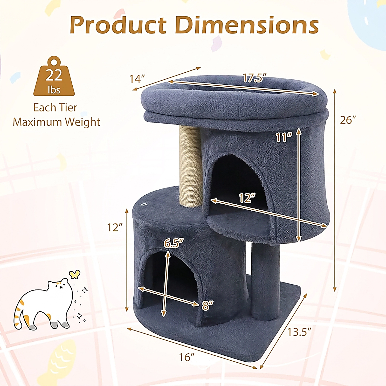 SUGIFT Dark Gray 26 in Cat Tower with 17.5 in Padded Perch and Dual Condos
