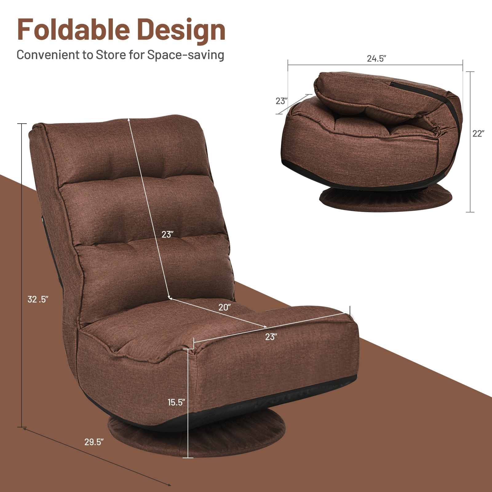 SUGIFT Rustic Brown Folding Floor Gaming Chair, 360-Degree Swivel, 5-Position Backrest, 300-Lb Capacity