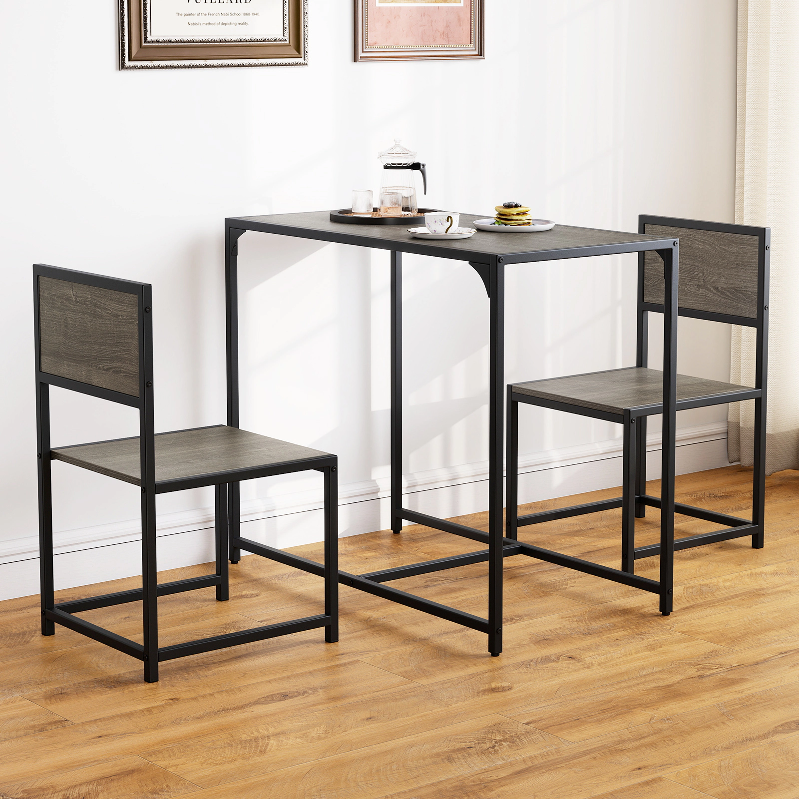 SUGIFT 3-Piece Compact Dining Set, Rustic Brown Table with 2 Armless Chairs