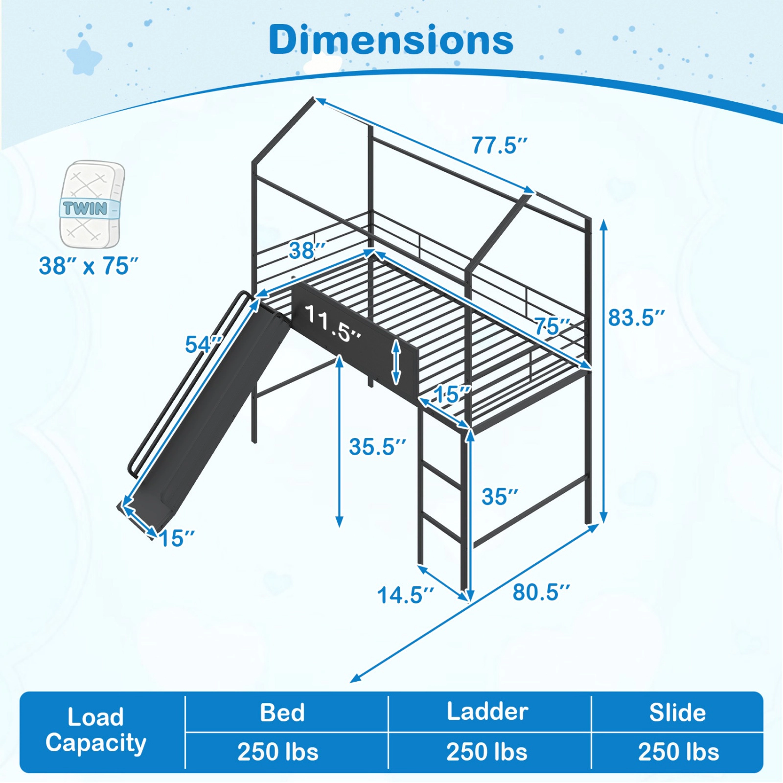 SUGIFT Black House Frame Slide Ladder and Chalkboard Kids Twin Loft Bed