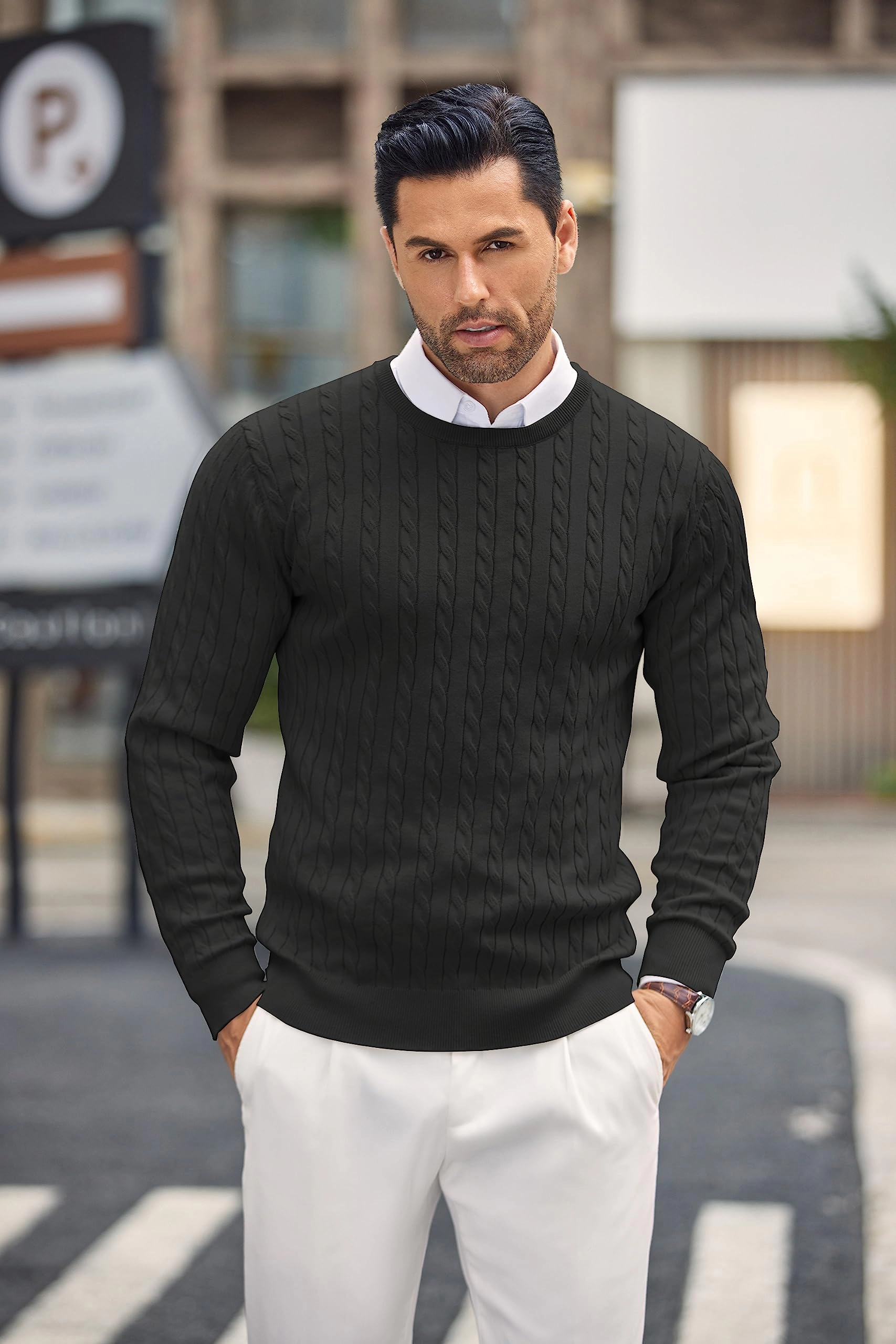 COOFANDY Mens Classic Long Sleeve Sweater Fall Crew Neck Cable Knit Casual Pullover