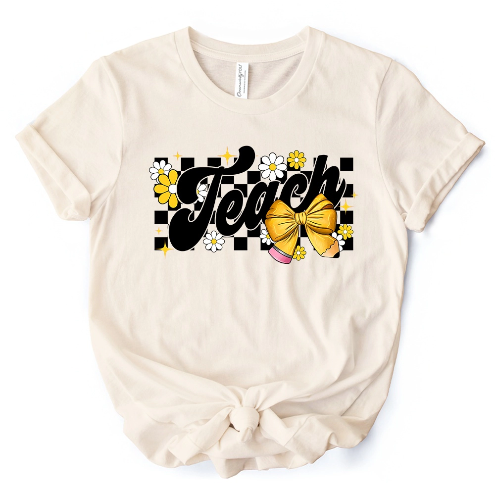 OrnamentallyYou Womens Teach Checkered Coquette Bow T-Shirt