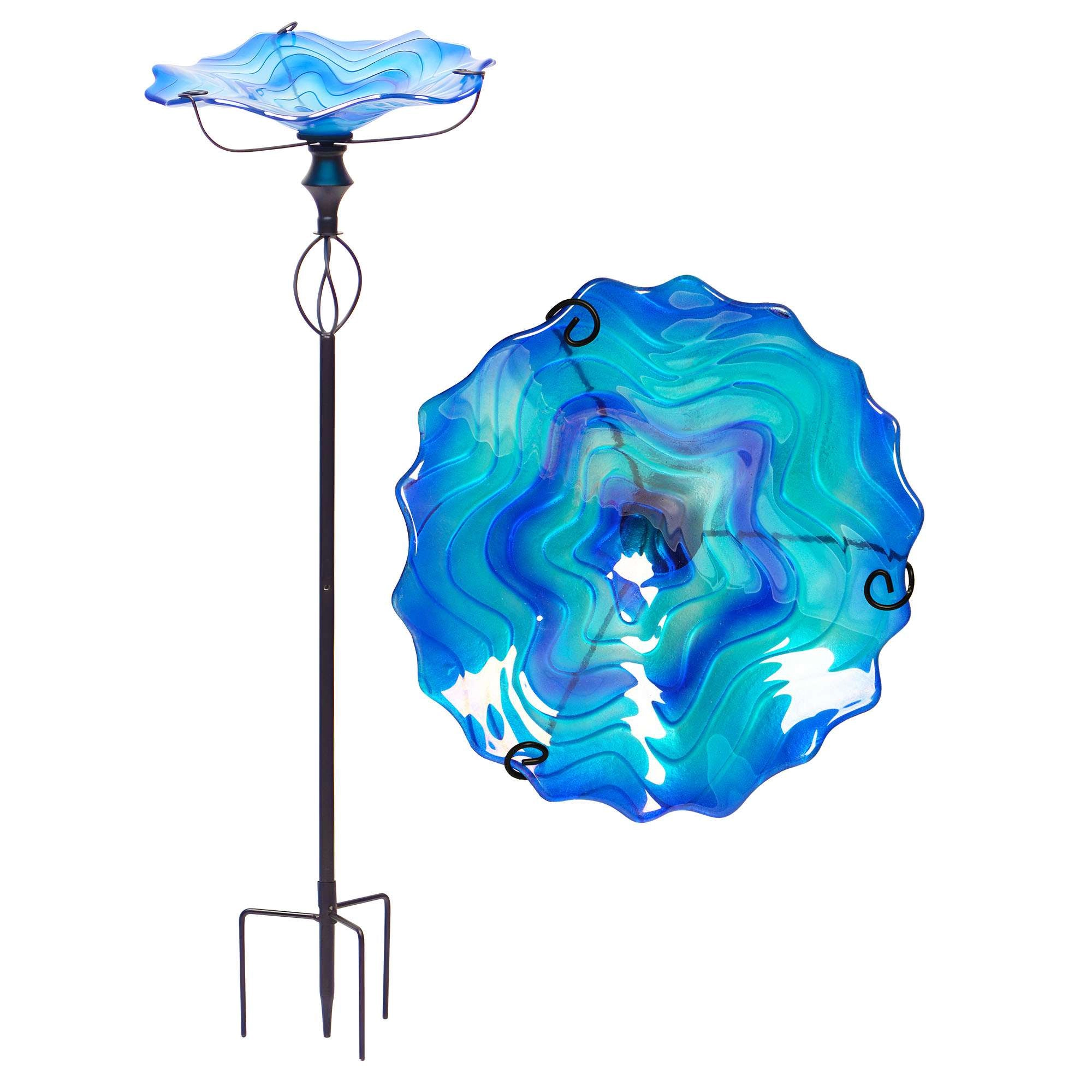 G128 32-Inch Blue Glass Bird Bath with Four-Pronged Metal Stake, Decorative Outdoor Feeder