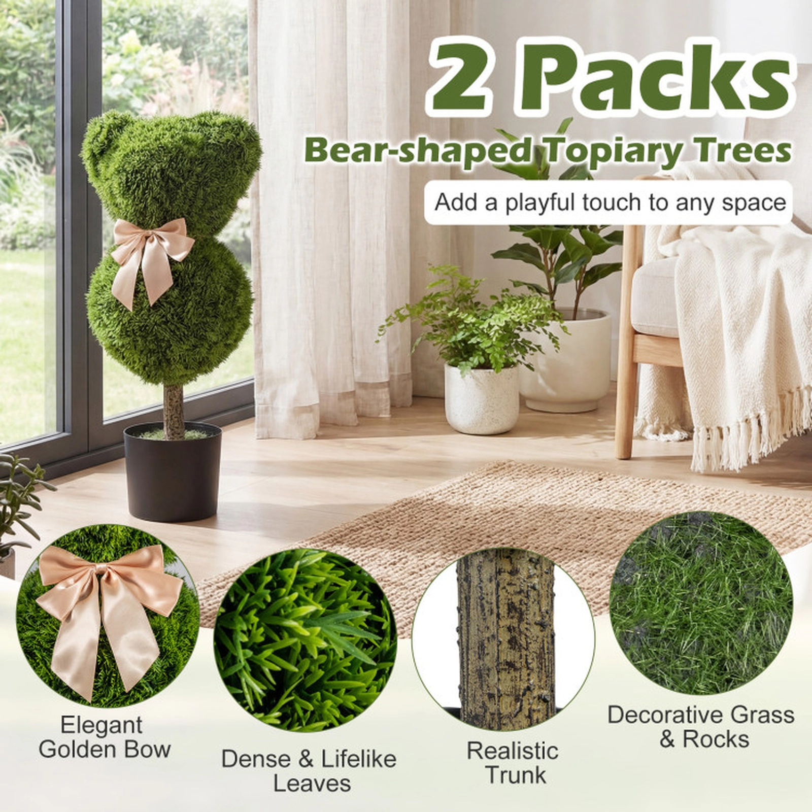 SUGIFT Set of 2 24.5-in Sun-Resistant Bear-Shaped Faux Boxwood Topiary Trees with Golden Bows and Pots