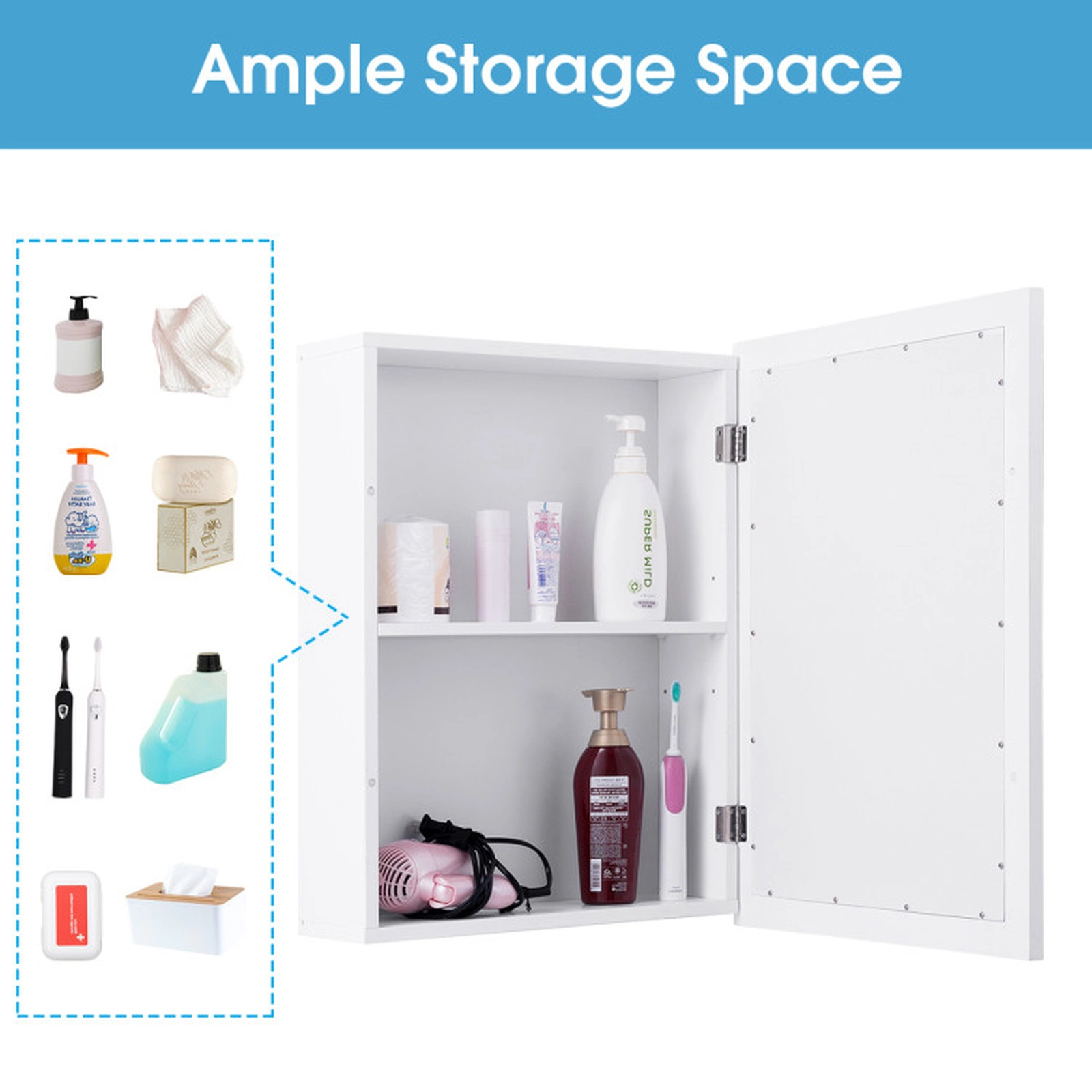 SUGIFT Single Mirror Door 3-Position Adjustable Shelf MDF Bathroom Medicine Cabinet 20-in x 6-in x 26-in 19-lb White
