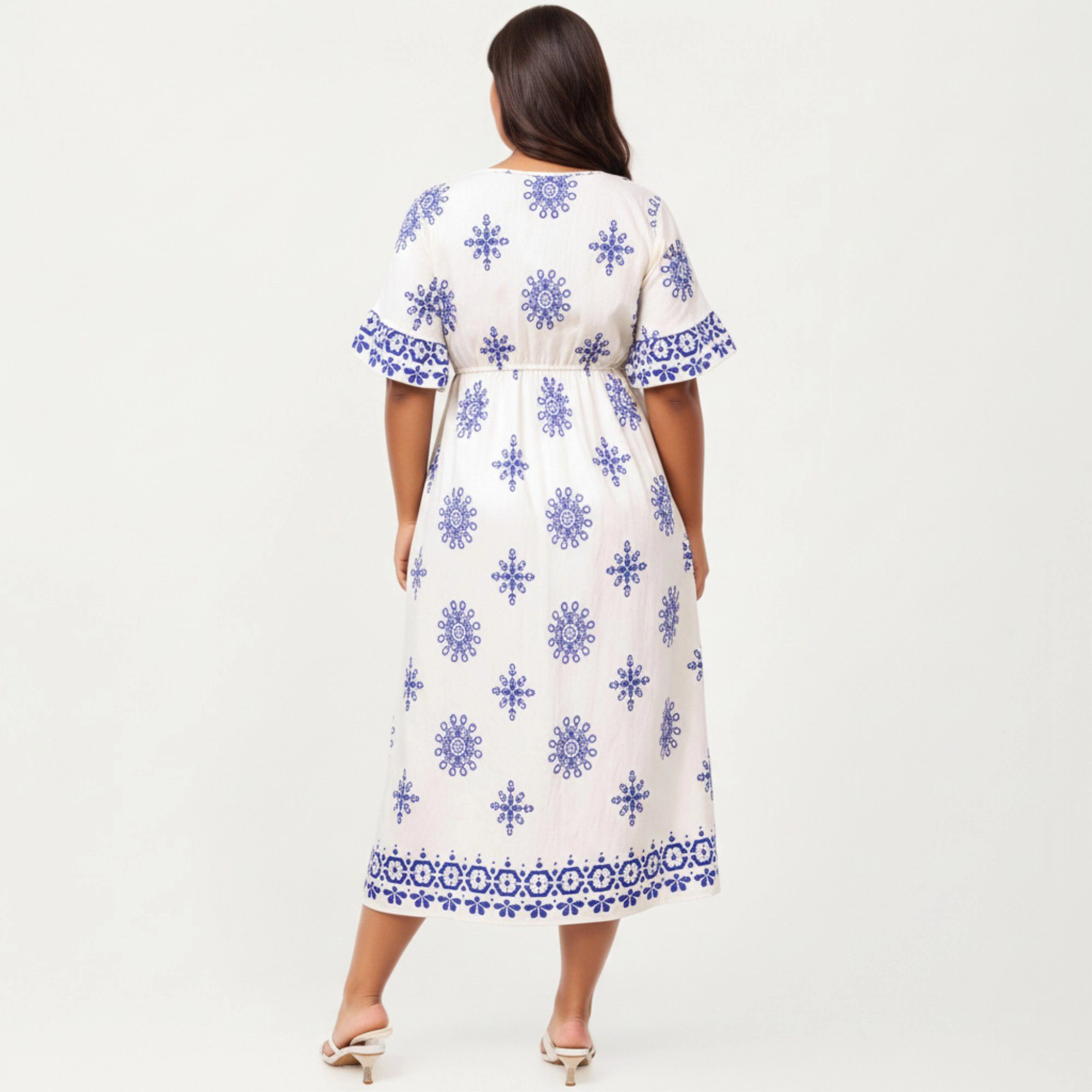 Anna-Kaci Women's Short Sleeve V Neck Elastic Waist All Over Print Border Detail Flowy Fit Casual Midi Dress