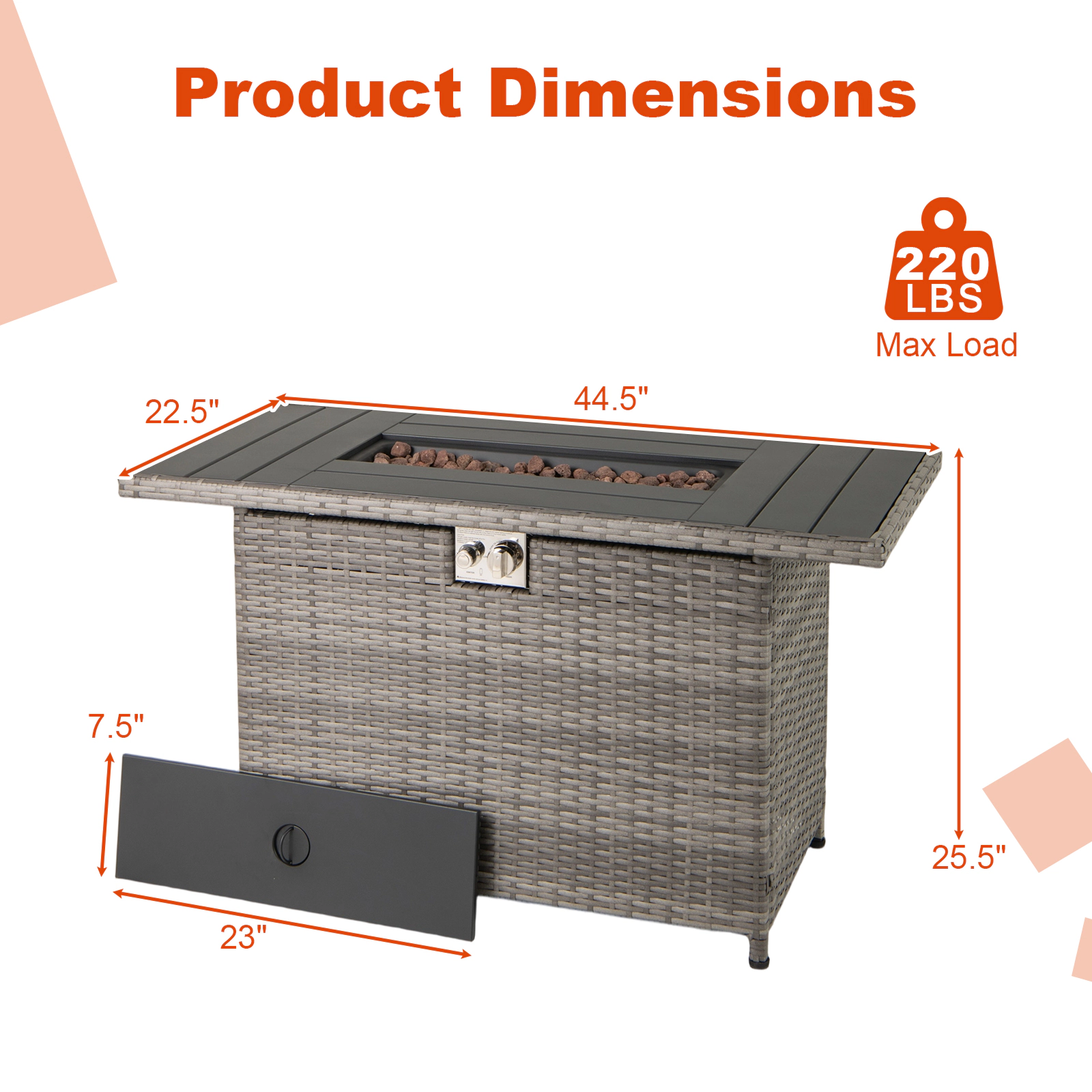 SUGIFT 44.5-In Gray Wicker Propane Fire Pit Table with Coffee Table Lid and Rain Cover
