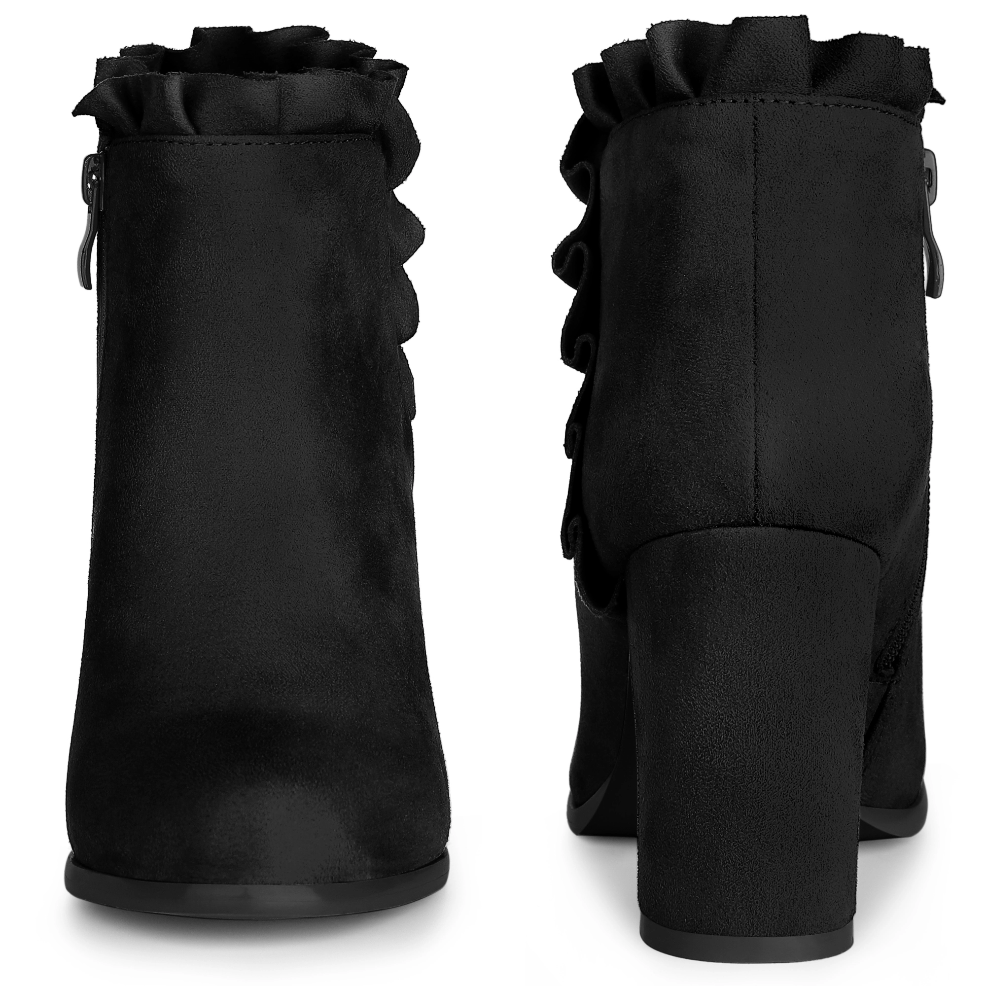 BLISSFUL STEP Women Faux Suede Ruffle Round Toe Chunky Heel Ankle Boots