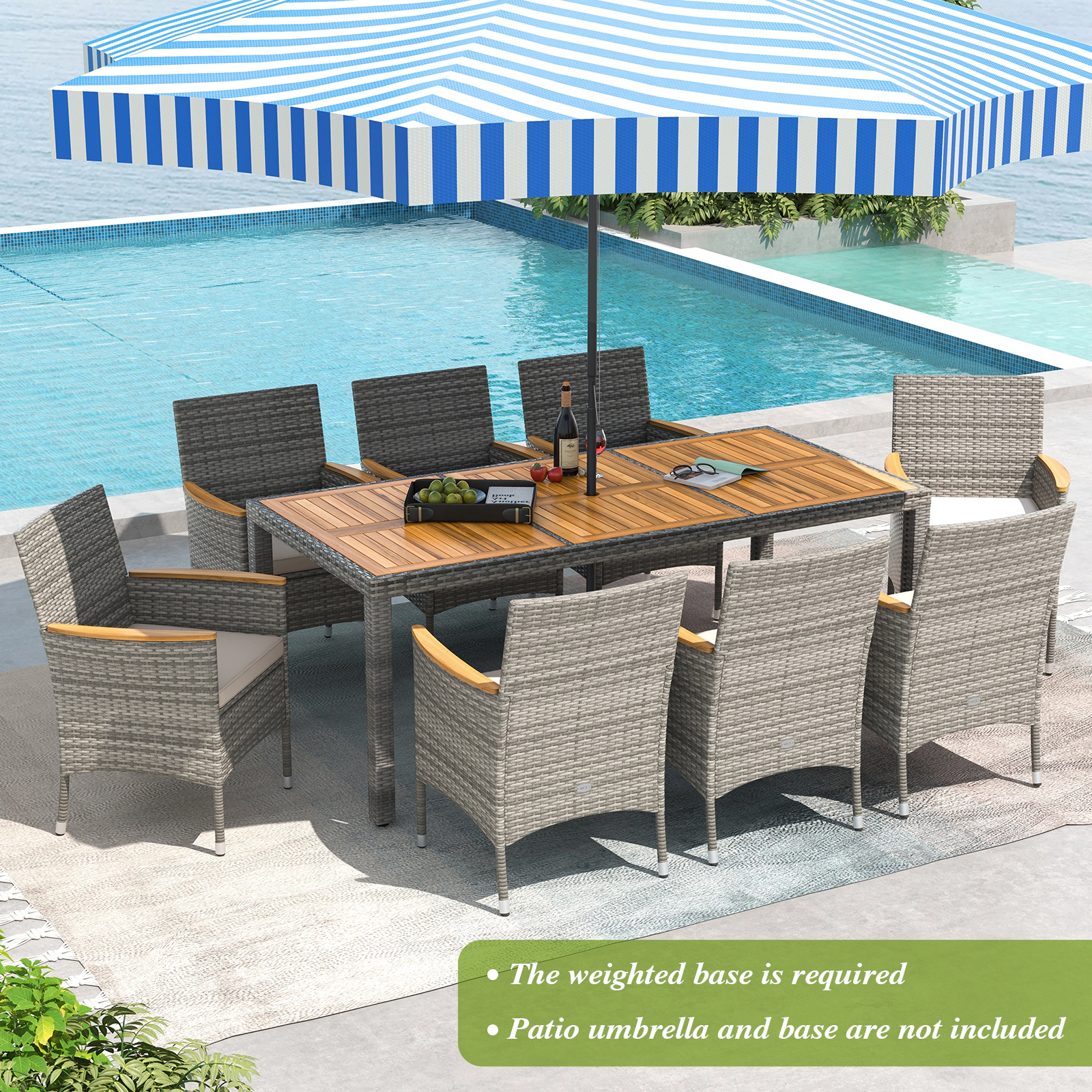SUGIFT White Acacia Wood Table for Deck and Garden Off 9-Piece Patio PE Wicker Dining Set