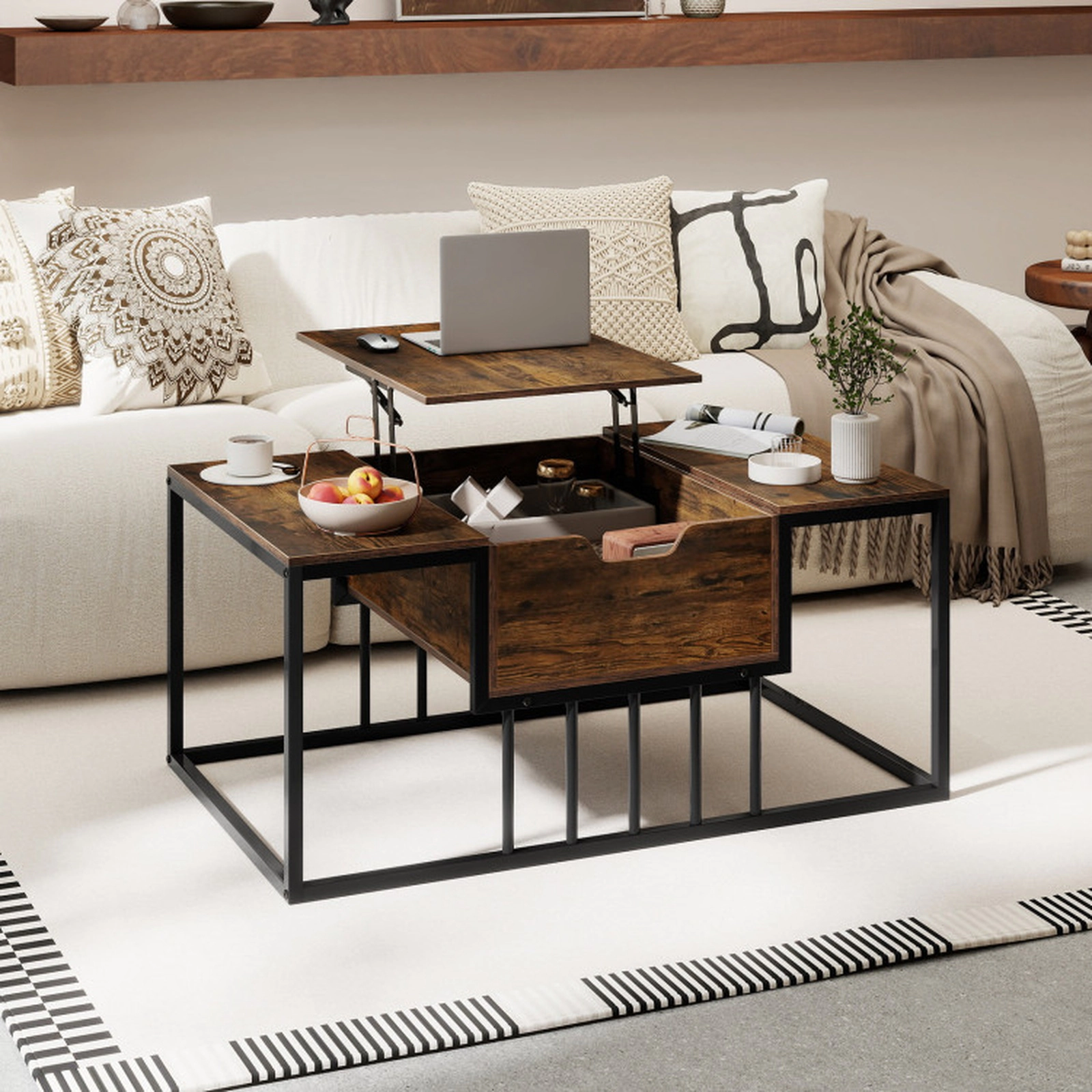 SUGIFT 39.5-in 110-lb Capacity Lift Top Rustic Brown Coffee Table with Gas Struts and Hidden Compartment
