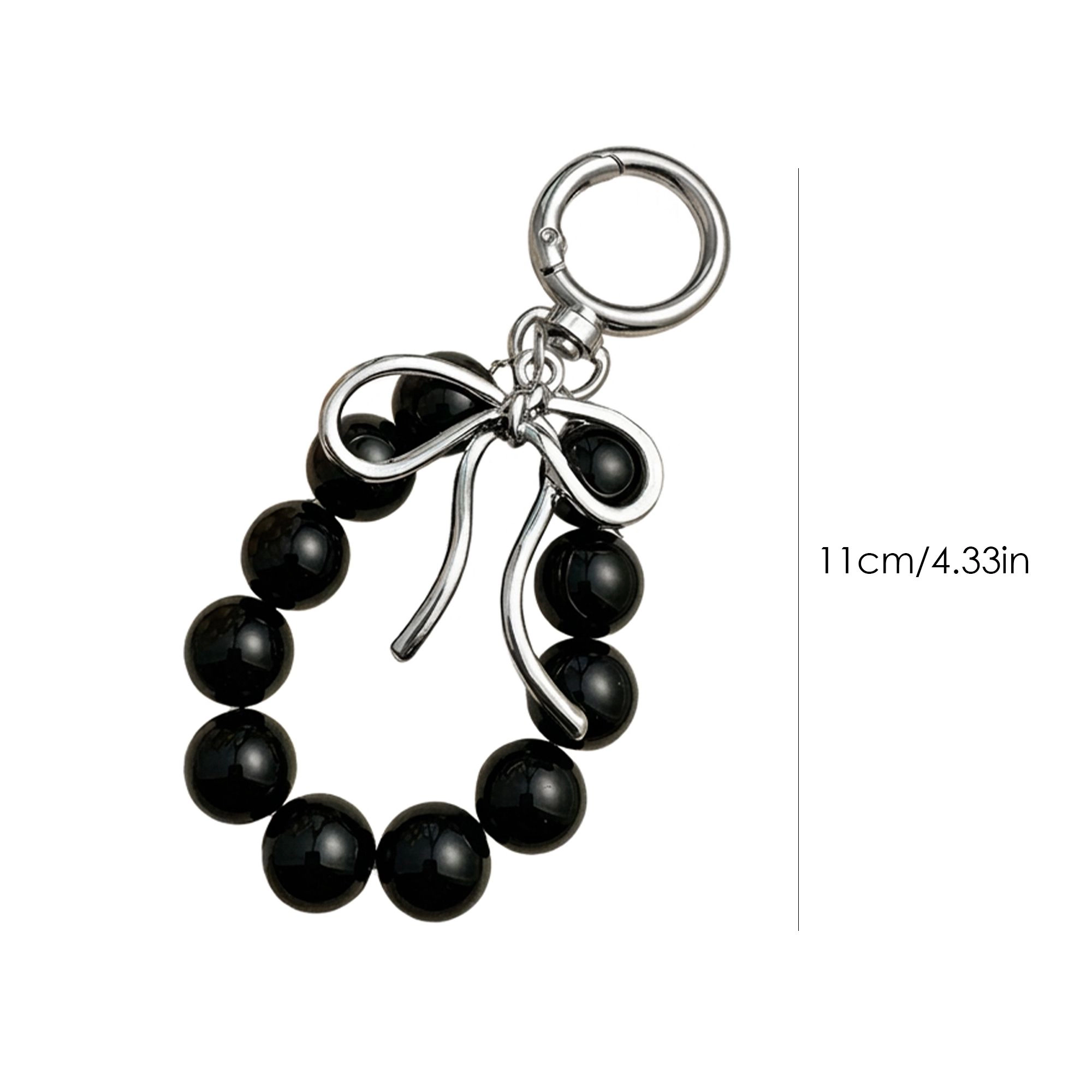 Alilang Women's Beaded Bow Keychain with Round Bead Loop and Metal Clip Bag Charm, Black